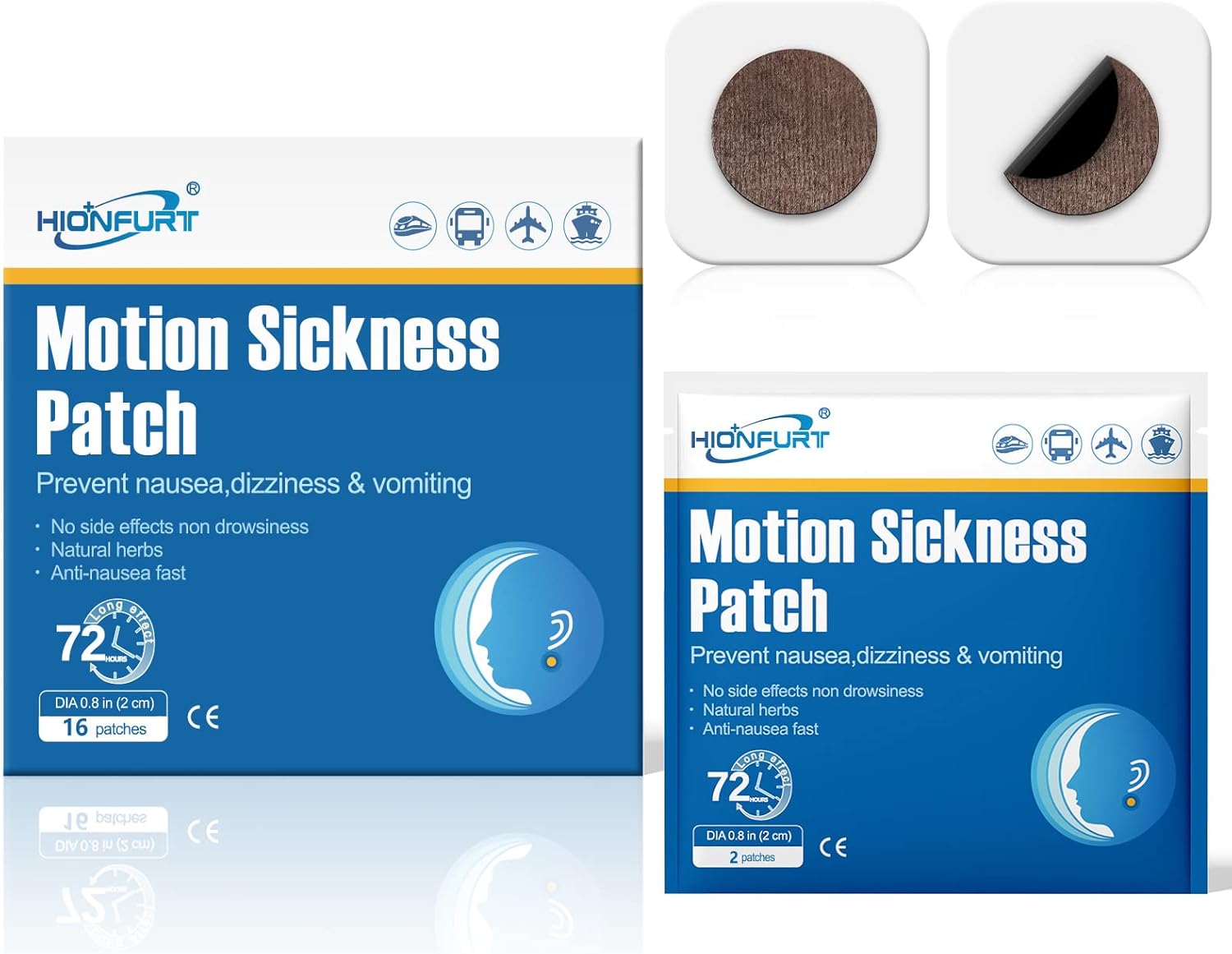 Hionfurt Motion Sickness Patches - 16 Count for Fast Nausea Relief in Car, Sea, Air Travel - Travel Sickness Patches Non-Drowsy, Effective, Lasts 72 Hours