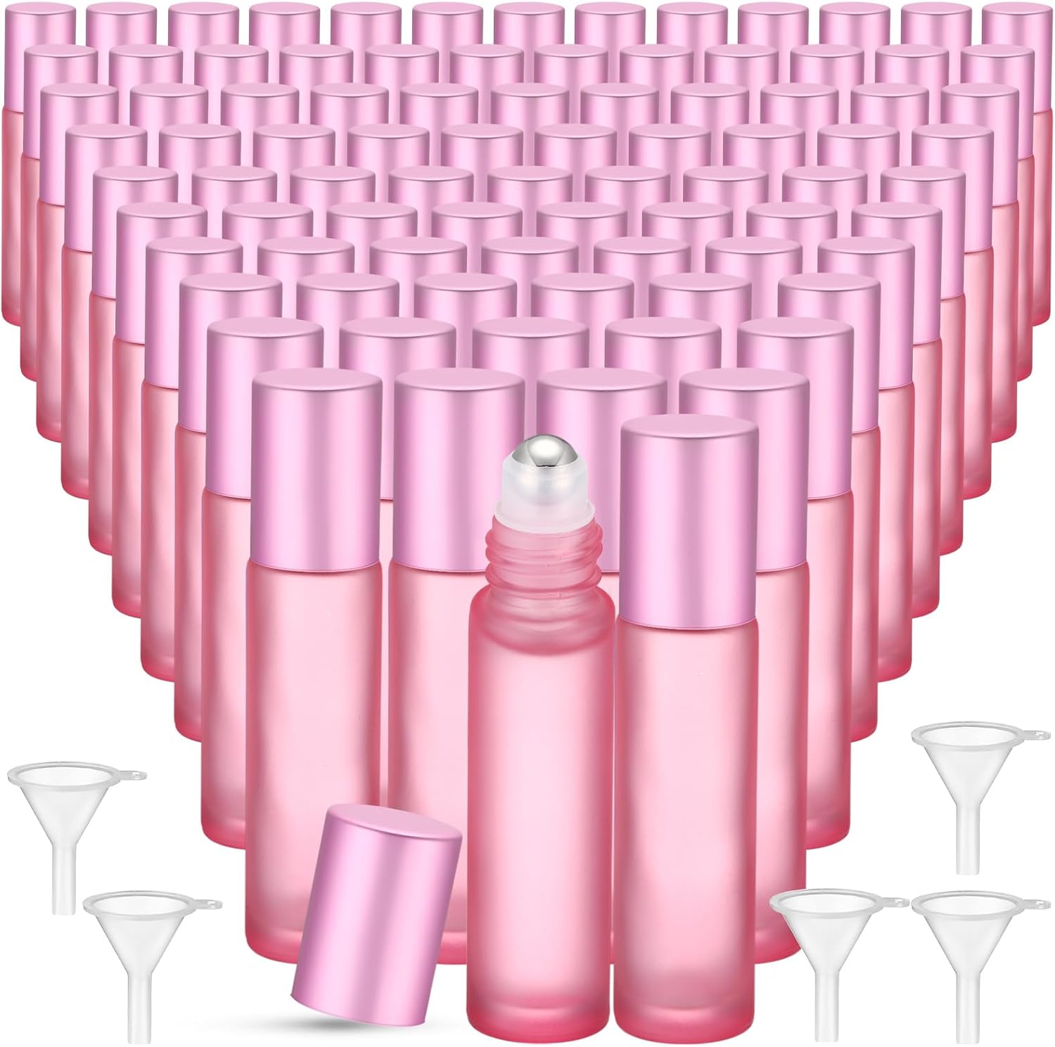 Sumind 150 Pcs Frosted Glass Roller Bottles Essential Oil 10 ml Empty Roll on Bottles with Stainless Steel Balls Leak Proof with 5 Funnel for Travel Essential Oil Perfume(Frosted Pink)