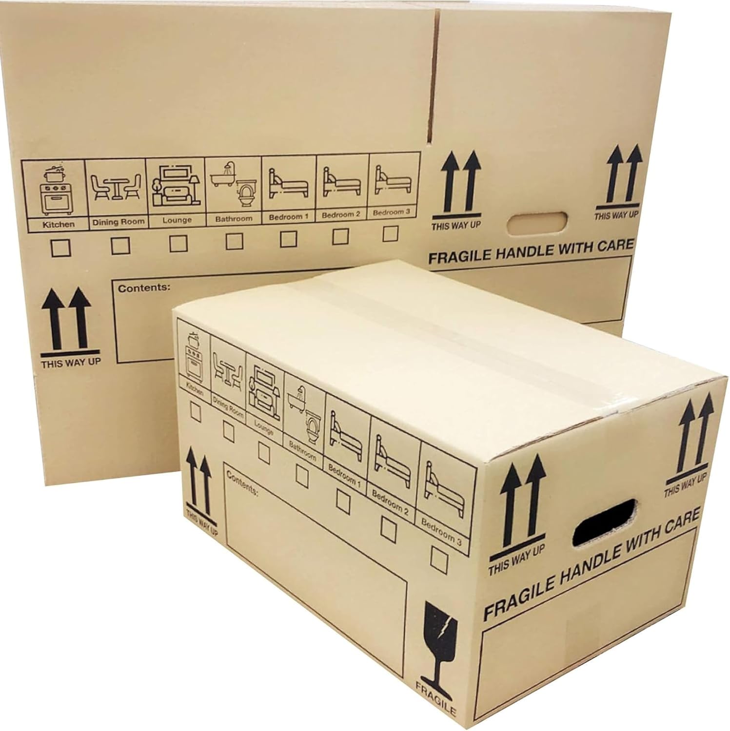 5 x House Moving Strong Large Cardboard Boxes Storage Packing 47cm x 31.5cm x 27cm 44 Litres Strong Carry Handles and Printed Room Tick List