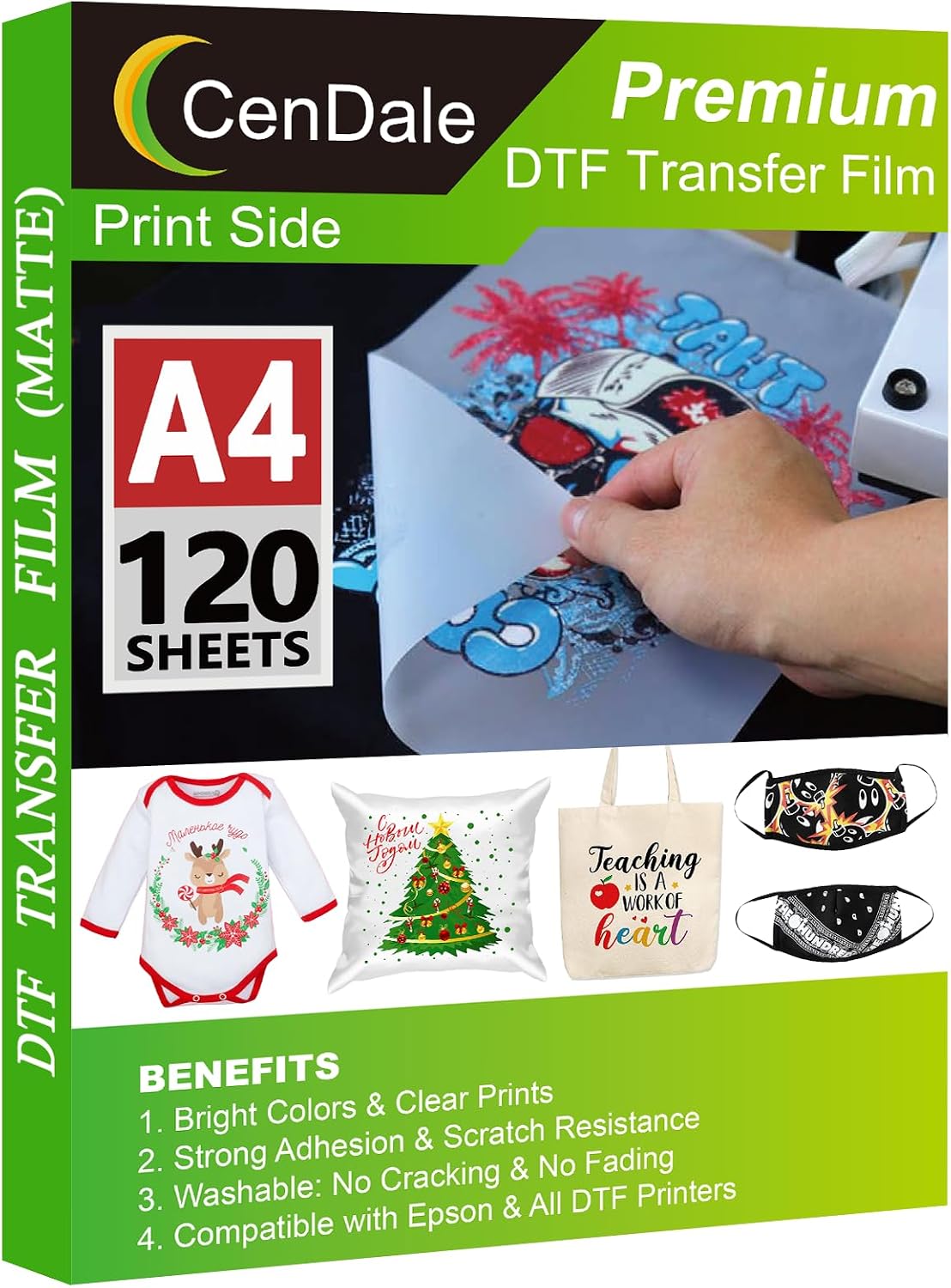 CenDale DTF Transfer Film A4-120 Sheets Double-Sided Matte DTF Film for Sublimation Hack, Direct to Film Printing for Light/Dark T-Shirts Textile, PreTreat PET Heat Transfer Paper, Cold & Hot Peel