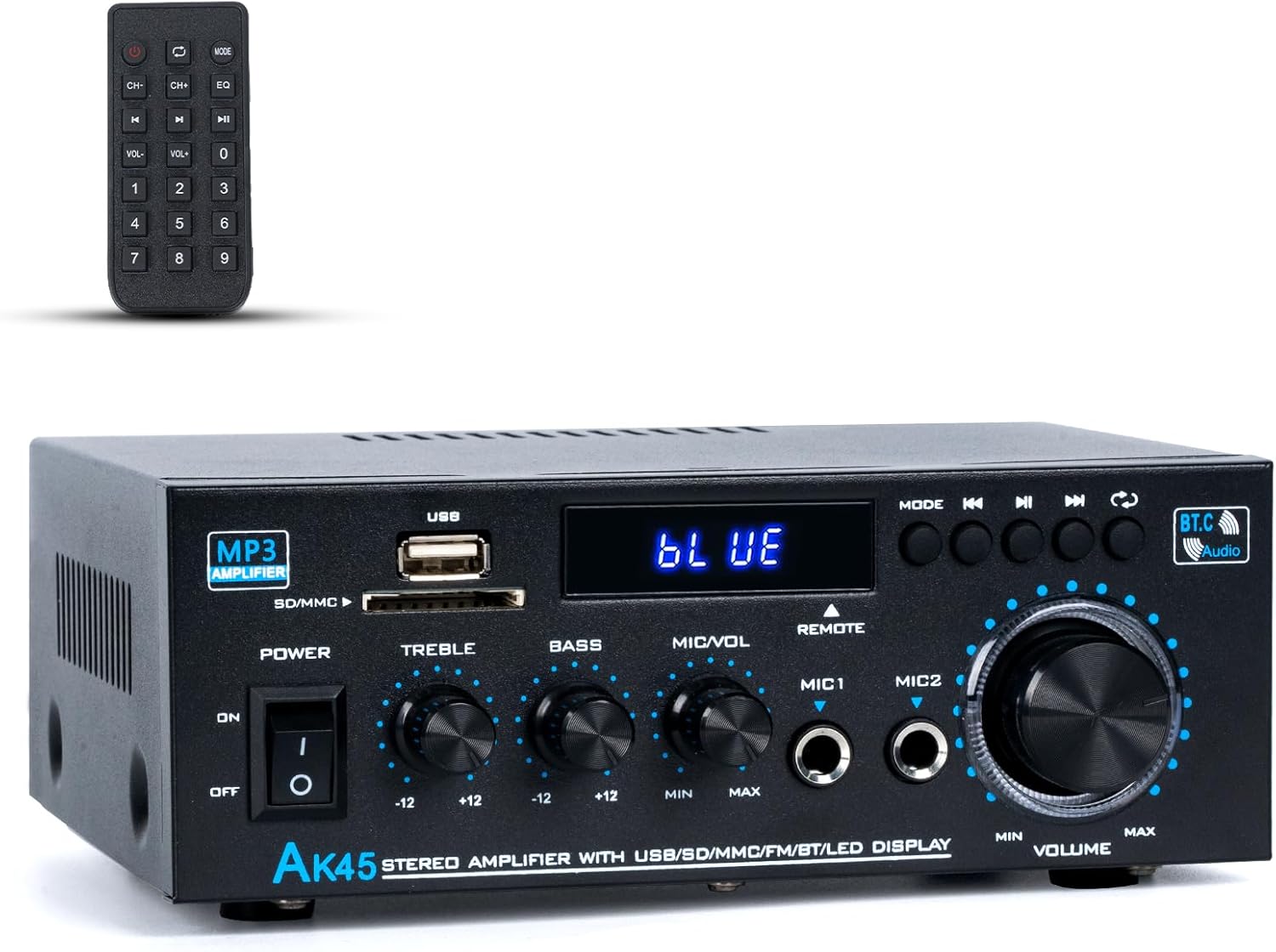 Stereo Receiver & Amplifier Home Audio Amp, AK45 Bluetooth Receiver for Home Stereo, 300Wx2, Bluetooth 5.0, 2 Channel, w/FM & Karaoke, w/USB/SD/RCA/MIC/FM in, w/Remote, for Garage Party Market