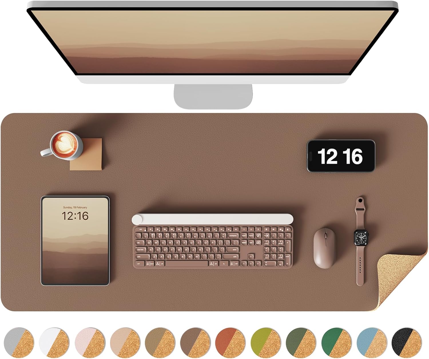 YSAGi Double-Sided Desk Pad, 31.5"x15.7"Leather Desk Mat, Eco Cork Desk Pad Protector,Large Mouse Pad,Waterproof Desk Blotter for Office/Home(Coffee)