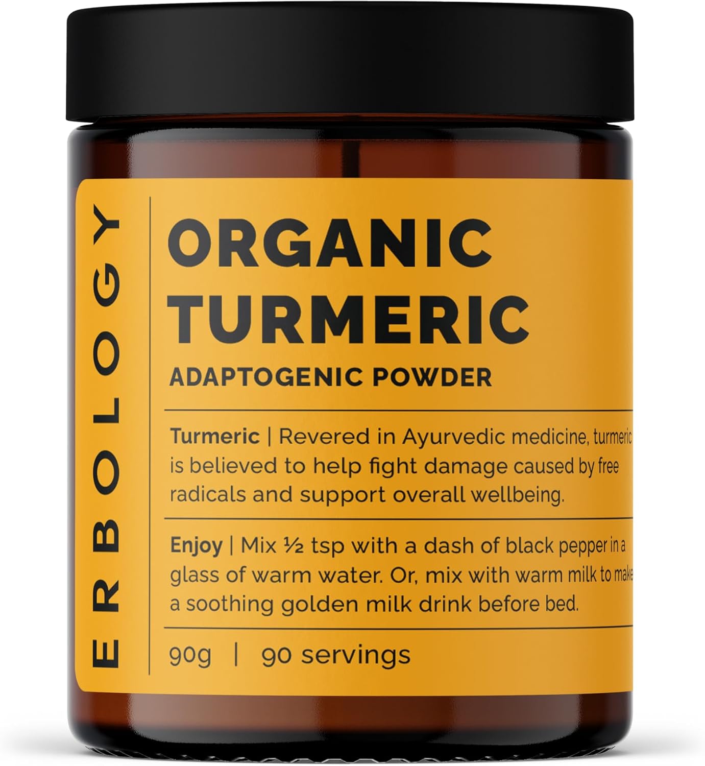 Erbology Organic Turmeric Powder 90g - 90 Servings - 5.5% Curcumin - No Additives or Preservatives - Sustainably Sourced Straight from Farm in Karnataka, India - Small Batch - Vegan - GMO-Free