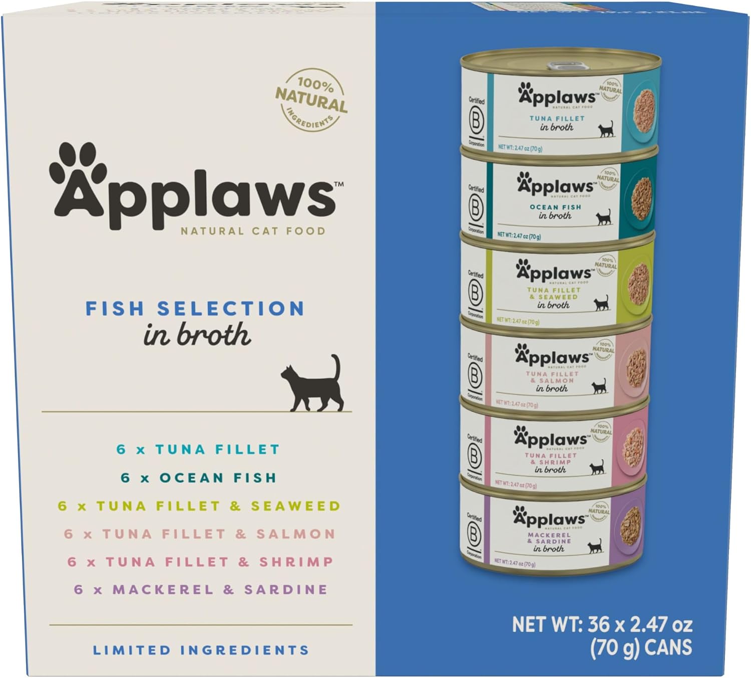 Applaws Fish Variety Pack Wet Cat Food in Broth 36-Pack, High Protein, Limited Ingredient, Grain Free, Canned Cat Food, No Fillers, No Artificial Additives (36 x 2.47 oz Cans)