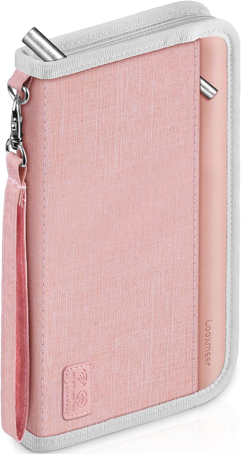 Travel Wallet, Family Passport Holder, RFID Blocking Travel Accessories Document Organiser for Tickets, Cards, Cash, Pen, Key, Waterproof Cover Holiday Essentials Case for Man & Woman, Pink