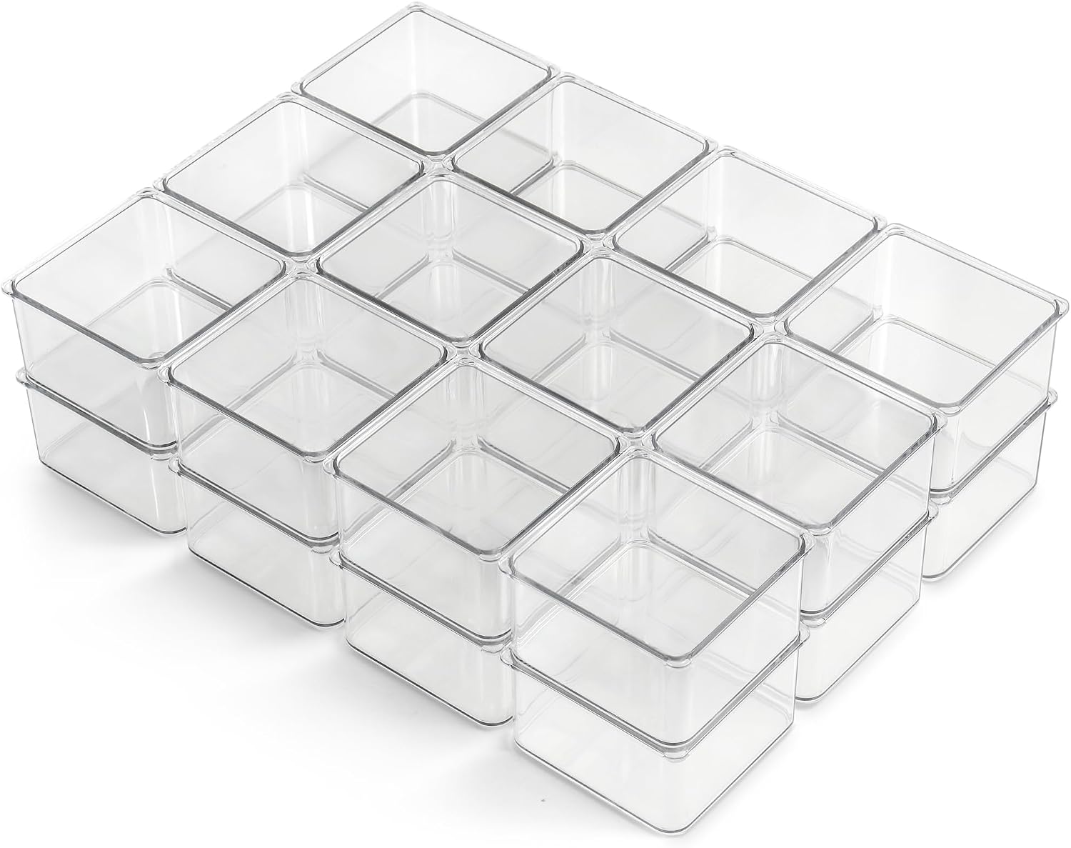 Hudgan 24 PCS Clear Plastic Drawer Organizer Set Stackable Square Vanity Organizers and storage for Makeup, Bathroom, Office Desk