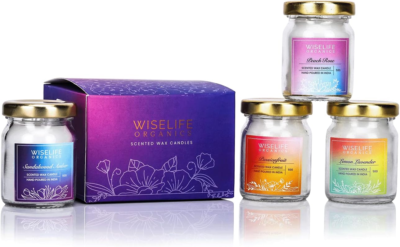 WiseLife Organics Scented Candle Gift Set of 4 Candles | Smokeless Premium Wax, Cotton Wick and Premium Glass Jar | Aromatherapy, Home Decor, Luxury Gift | Burn Time Up to 10 Hours | 50 Grams Wax
