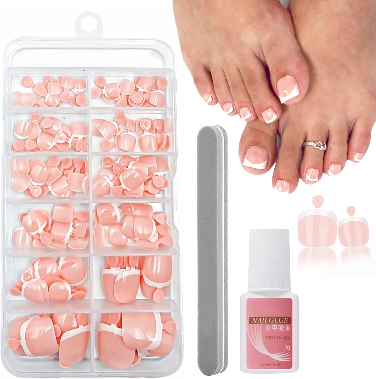 Fake Toe Nails Set - 120PCS Short Square French False Toenails Kit - Nude French Tip Stick On Toenails - Glossy Full Cover Acrylic False Toe Nails For Women Girls Nail Art DIY Gift