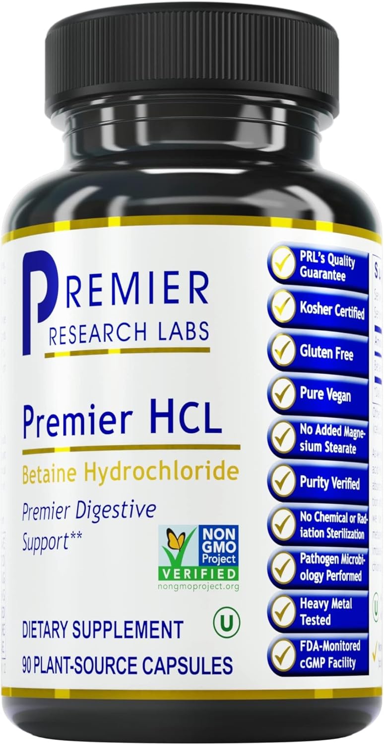 Premier Research Labs Premier HCL - Betaine HCL, Betaine Hydrochloride Supplement for Optimal Digestive Function, Nutrient Absorption, Betaine-HCL for Low Stomach Acid- 90 Vegetarian Capsules