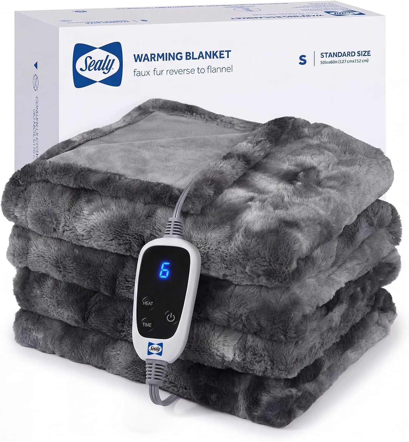Sealy Faux Fur Electric Heated Throw 50"x60", 6 Heat Settings, Grey