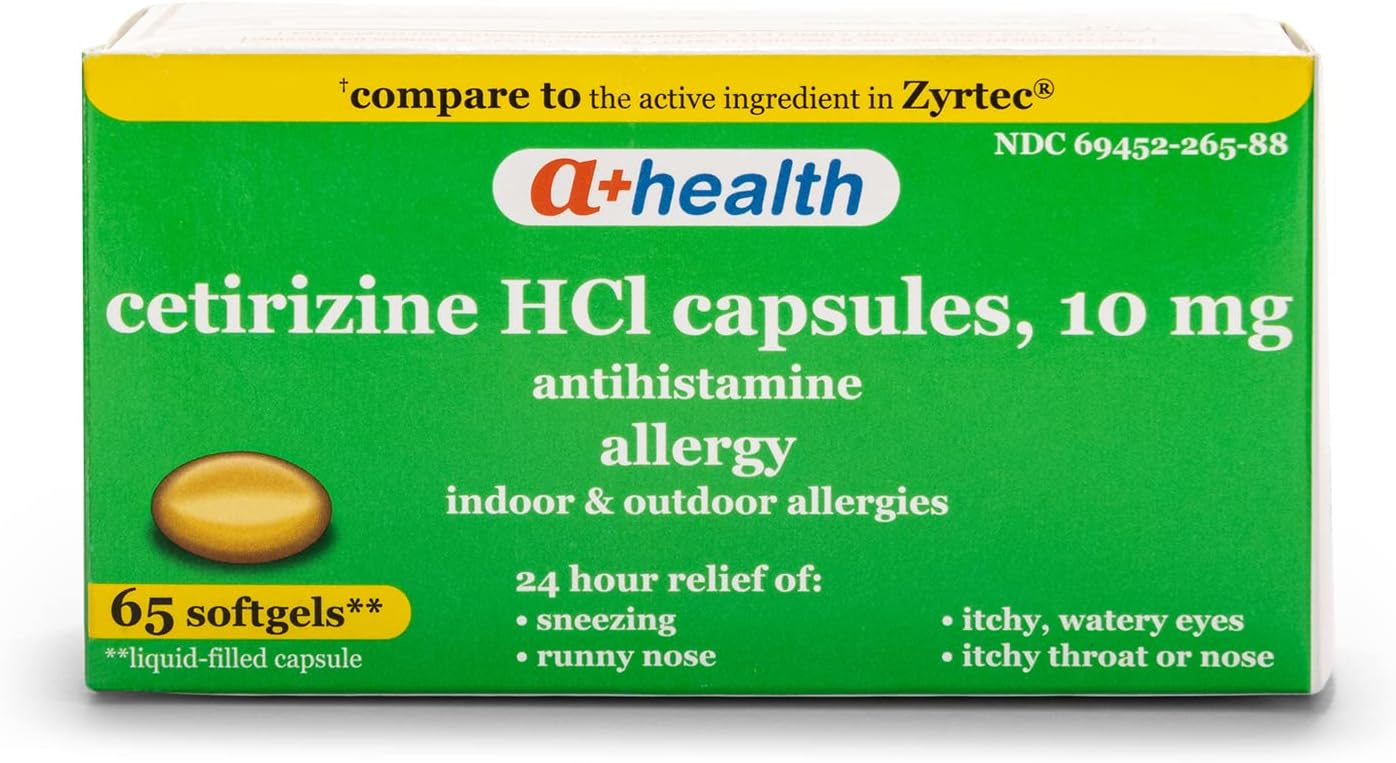 A+Health Cetirizine Hcl 10 Mg Liquid Gels, Antihistamine for 24 Hour Allergy Relief, 65 Count, Relief of Sneezing, Runny Nose, Itchy Watery Eyes, Indoor and Outdoor Allergies