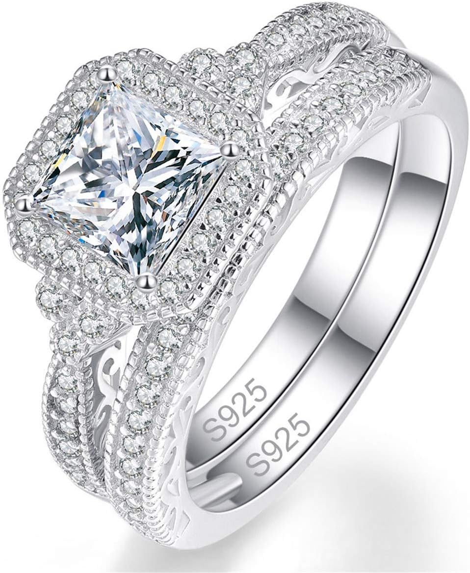 Bonlavie 925 Sterling Silver Engagement Rings Set for Women Princess and Round Cut White Cubic Zirconia Bridal Wedding Rings Set