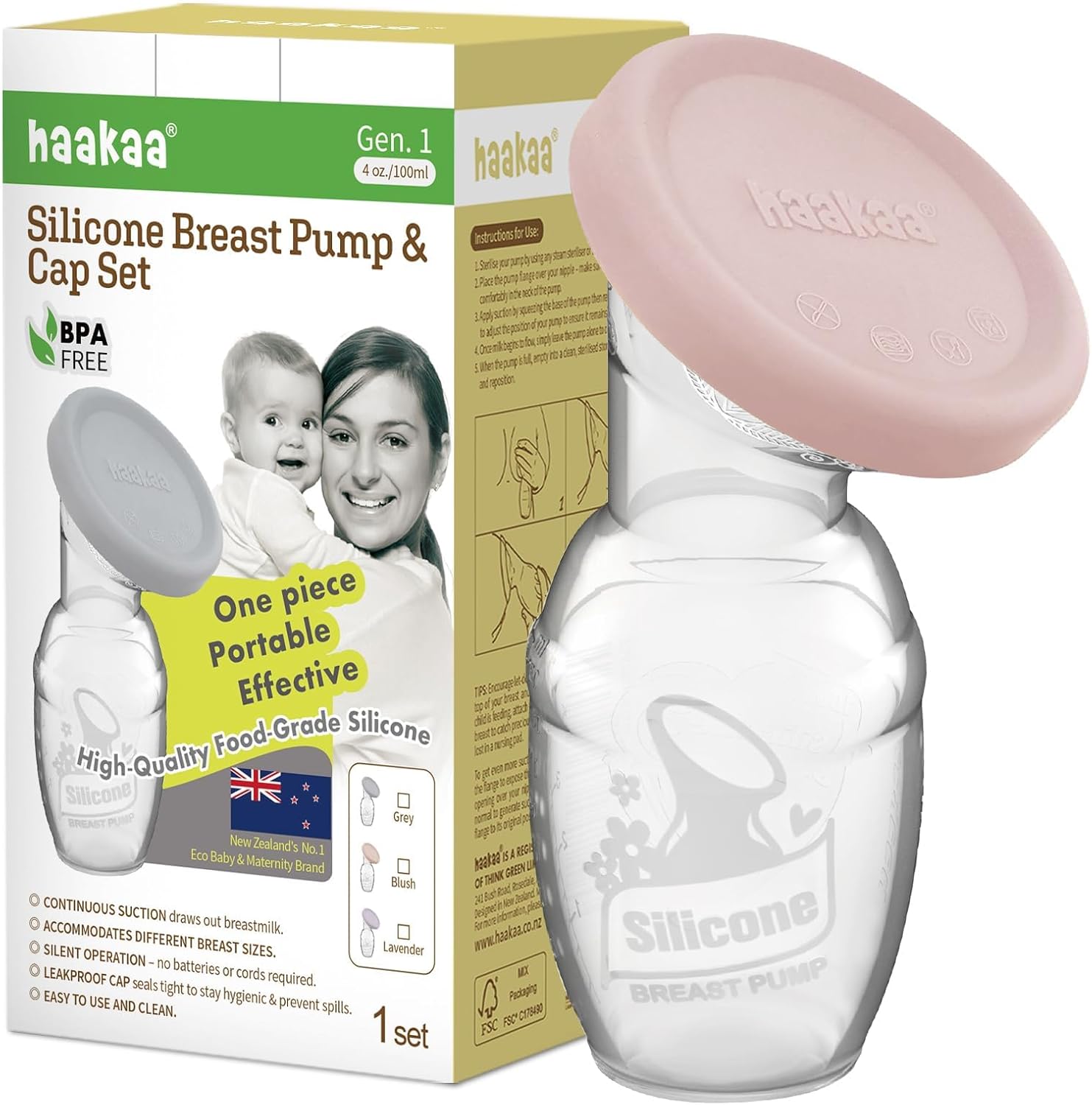 haakaa Manual Breast Pump Breastfeeding Pump with Food Silicone Cap (Blush) 4oz/100ml
