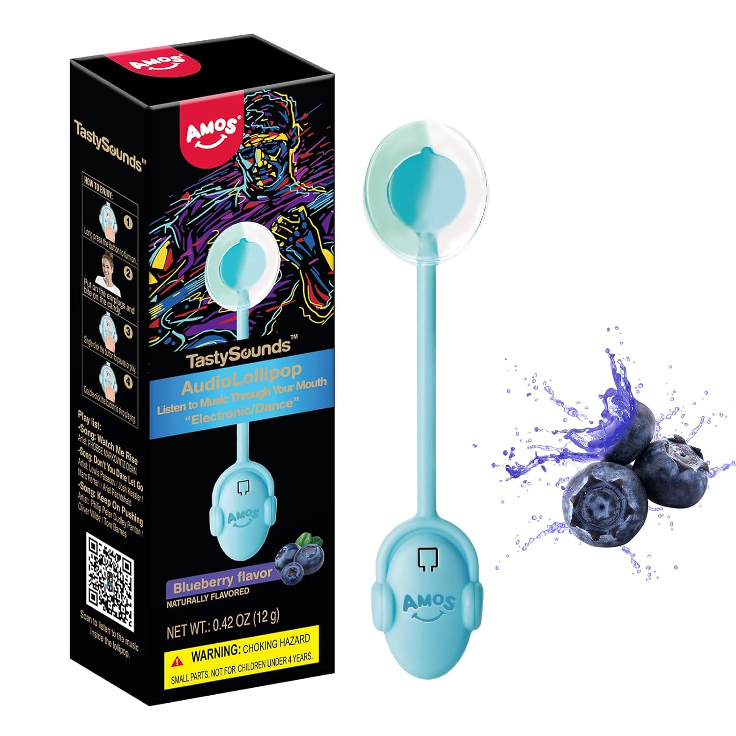 Amos Music Lollipop Candy, Audio Singing Lollipop, Individually Wrapped Natural Blueberry Flavor (1 Pack)