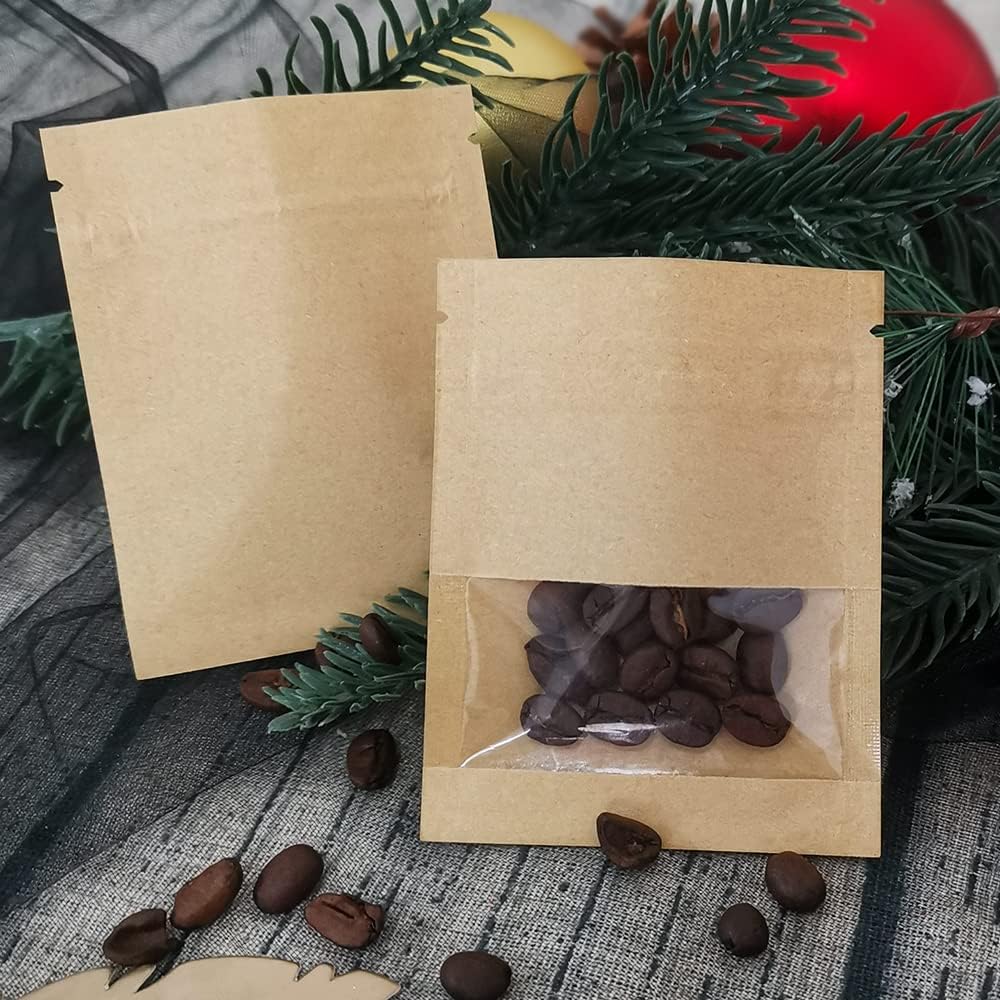 BEISHIDA 100 Pack 3.5 Inch Kraft Paper Resealable Bags with Clear Window, Small Airtight Heat Sealable Packaging Bags for Storage Sample Seed Spice(Brown)