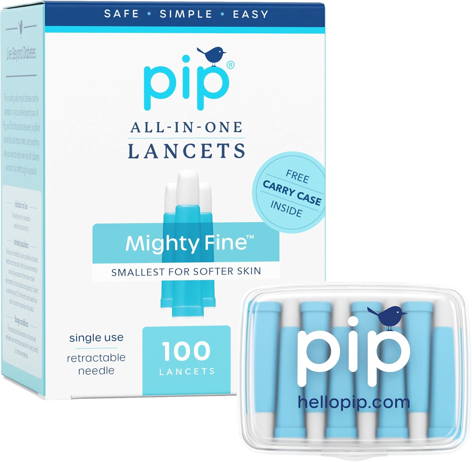 Pip Safety Lancets for Diabetes Testing, 30G 1.0mm, Blue, 100 Count