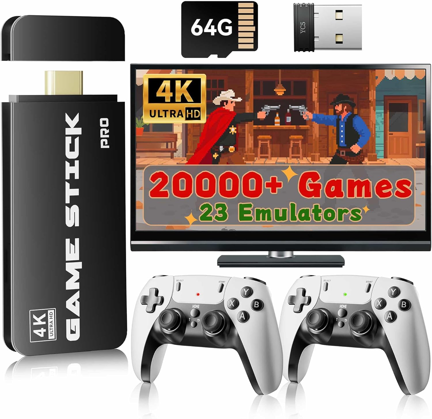 Upgrade Retro Game Stick Pro, Wireless Retro Gaming Console with 20000+ Games, Built-in 23 Game Emulators, Gaming Consoles Plug and Play Video Games with Upgrade Dual 2.4G Wireless Controllers (64G)
