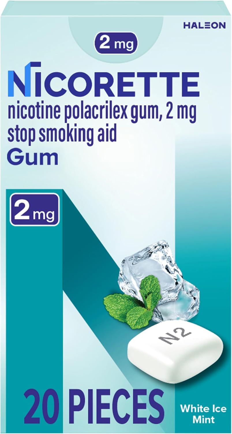 Nicorette Nicotine Gum 2mg, Quit Smoking Aid, White Ice Mint, 20 Count | Reduces Nicotine Cravings and Withdrawal Symptoms, Intense Craving Relief, Portable Smoking Cessation Gum