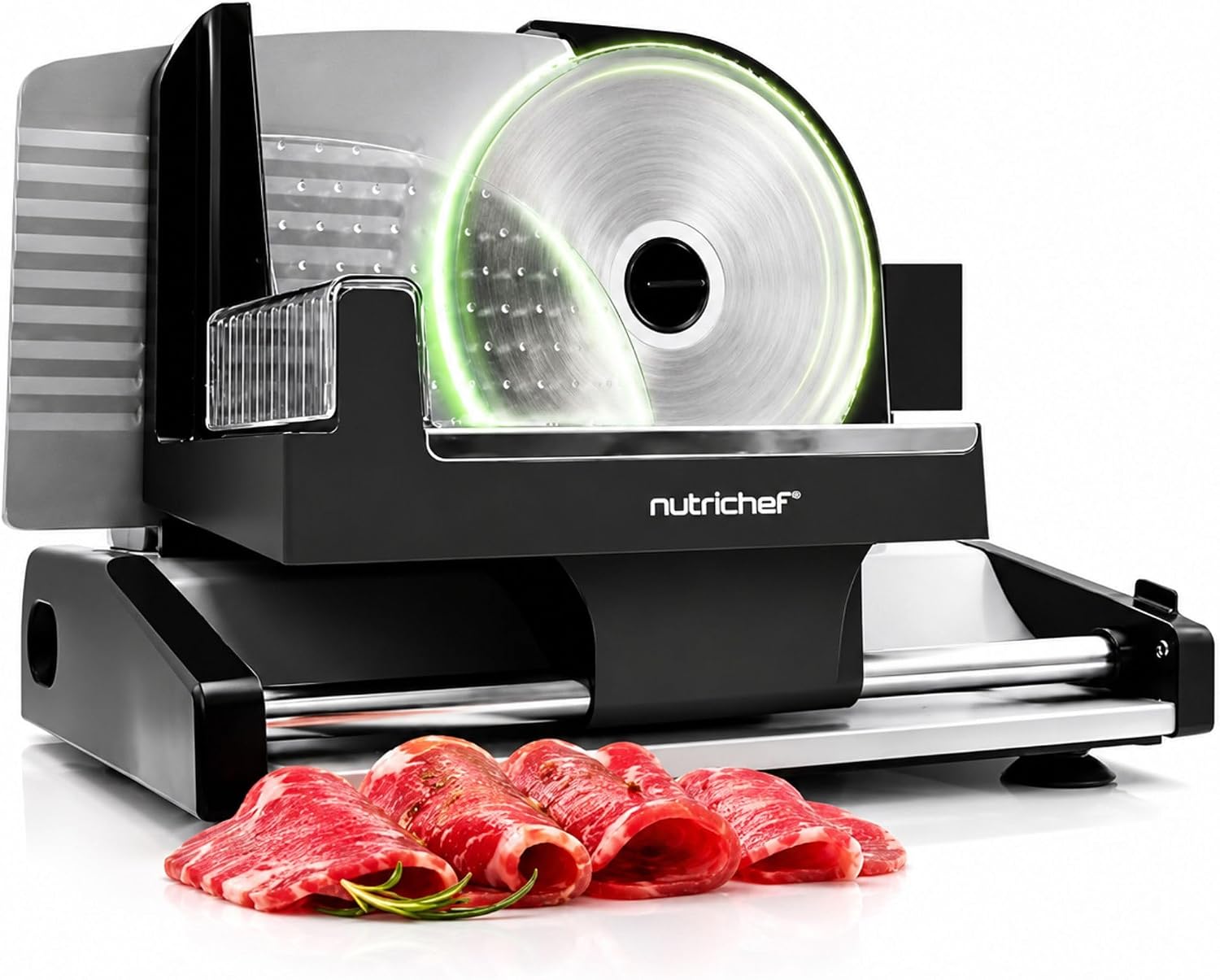 Nutrichef Electric Meat Slicer | 200W Automatic Meat, Deli & Bread Slicer | Adjustable Dial for 0-15mm Cutting Range Thickness | Removable 7.5 IN Stainless Steel Blade & Food Pusher for Safety (Black)