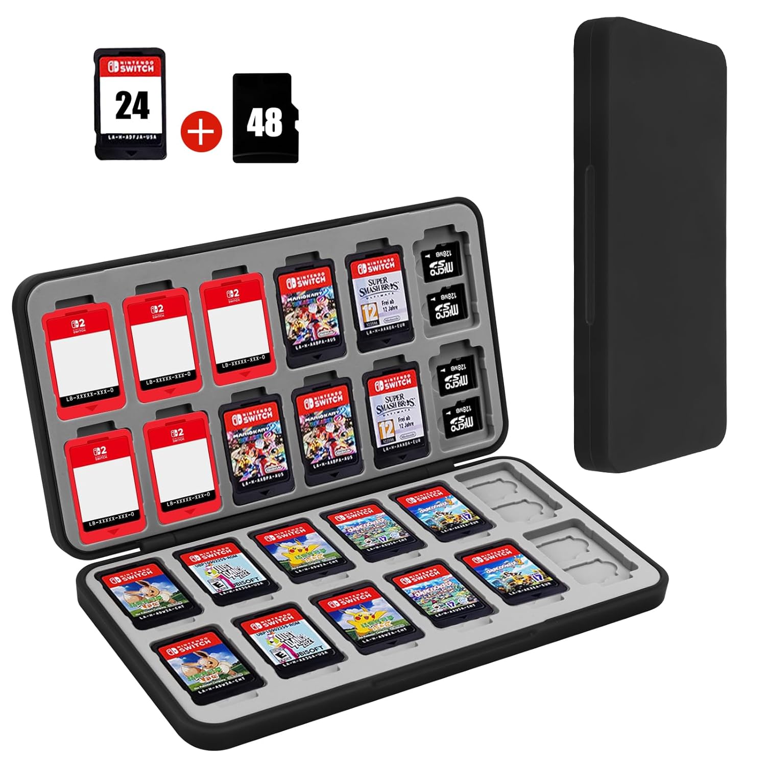 FYY Nintendo Switch Game Case Holder for Switch 2 Cartridge Case with 24 Game Card Slots & 48 Micro SD Card Slots, Hard Shell, Silicone Lining Black
