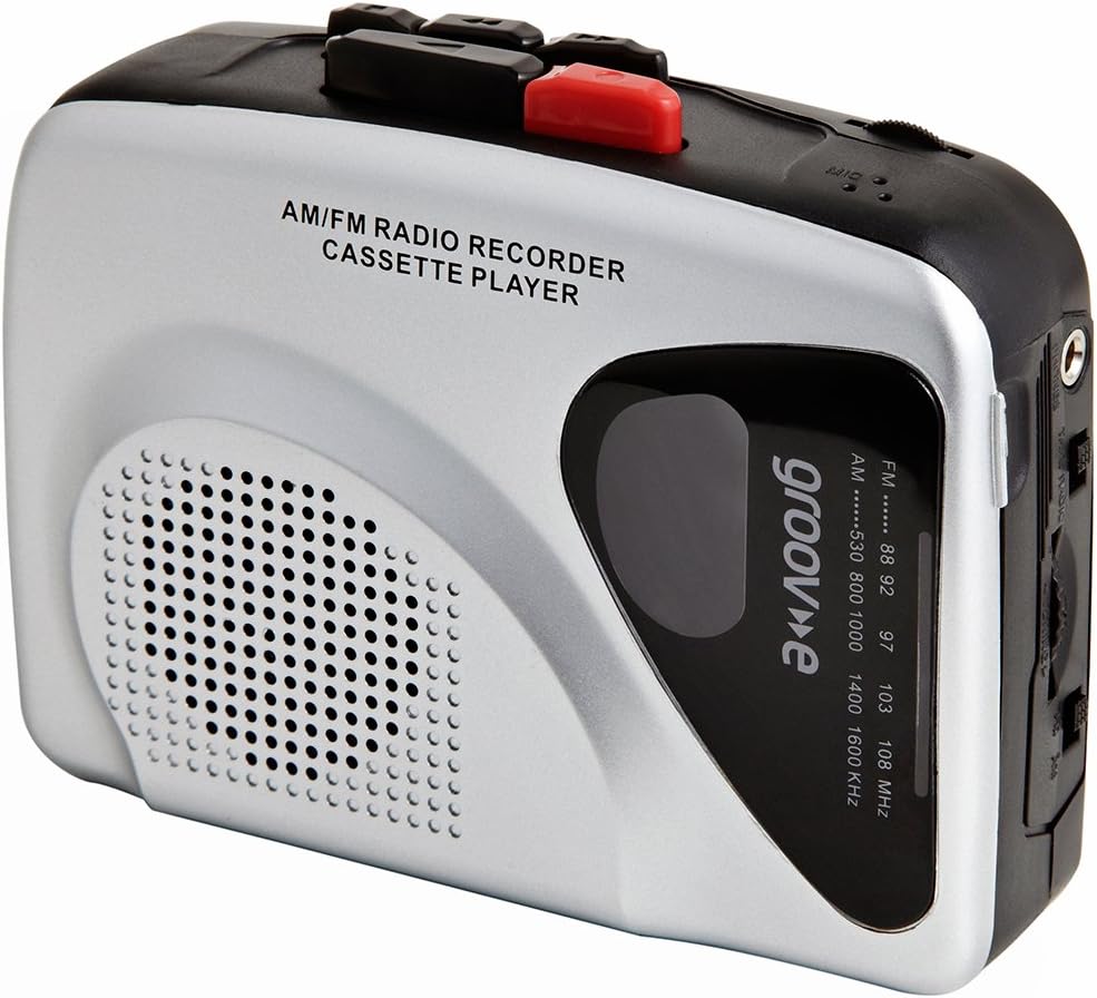 Groov-e Portable Retro Personal Cassette Player and Recorder with Built-In Speaker & Microphone, AM/FM Radio, 3.5mm Headphone Jack and Earphones Included - Black/Silver