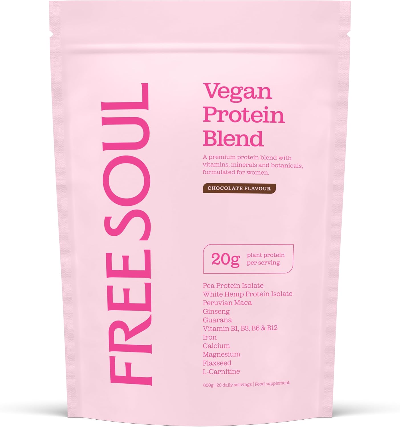 Free Soul Vegan | Formulated for Women | 600g | 20g Protein with Added Nutrients | Gluten & Soy Free Plant-Based Nutrition Shake | Pea & Hemp Isolate Protein | Chocolate Flavor, Packaging May Vary