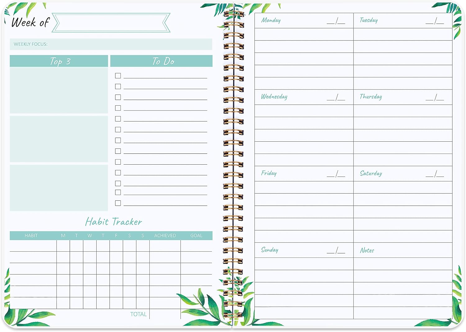 Undated Weekly Planning Pad, Daily Planner with Notes, To Do List Notebook, 5.7" x 8.0", Thick Paper, Twin-Wire Binding - Green