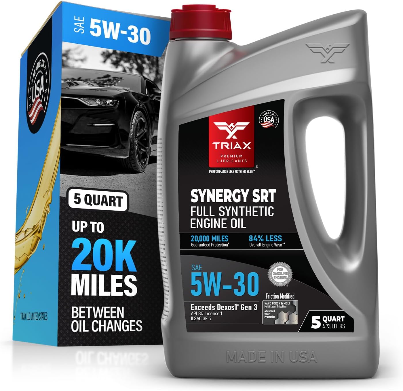 TRIAX Synergy SRT 5W-30 - Full Synthetic, Friction Modified Engine Oil - 20K Miles, API SP Licensed, 3x Wear Protection - Nano Boron and Moly Friction Modified (5 Quart)