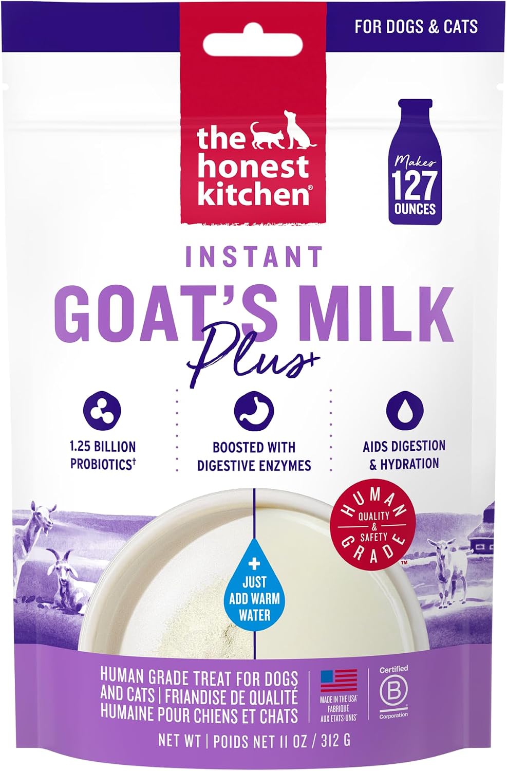 The Honest Kitchen Instant Goat’s Milk with Probiotics for Dogs and Cats, Human Grade Powder Drink Mix, Digestive Health Support, Food Topper or Treat, Just Add Water, 11 oz Pouch Makes 127 oz