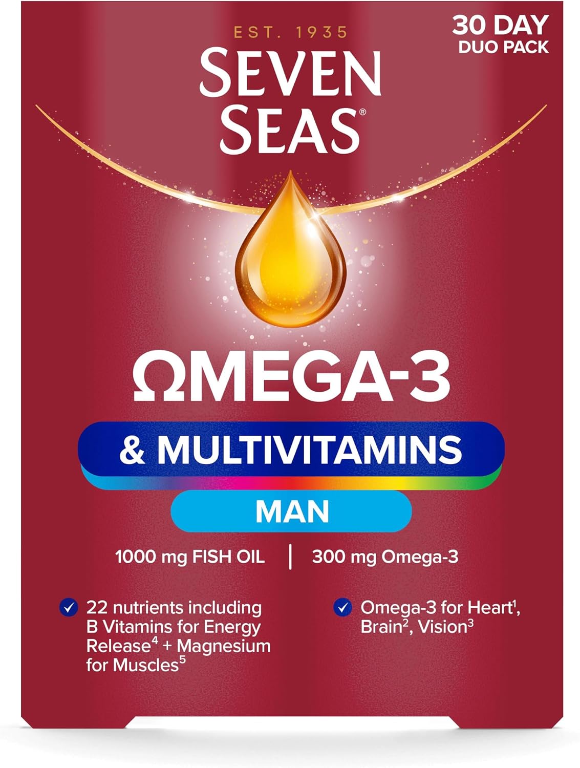 Seven Seas Omega-3 & Multivitamins Man, with B Vitamins and Magnesium, 30-Day Duo Pack, 30 Omega-3 Capsules and 30 Multivitamin Tablets