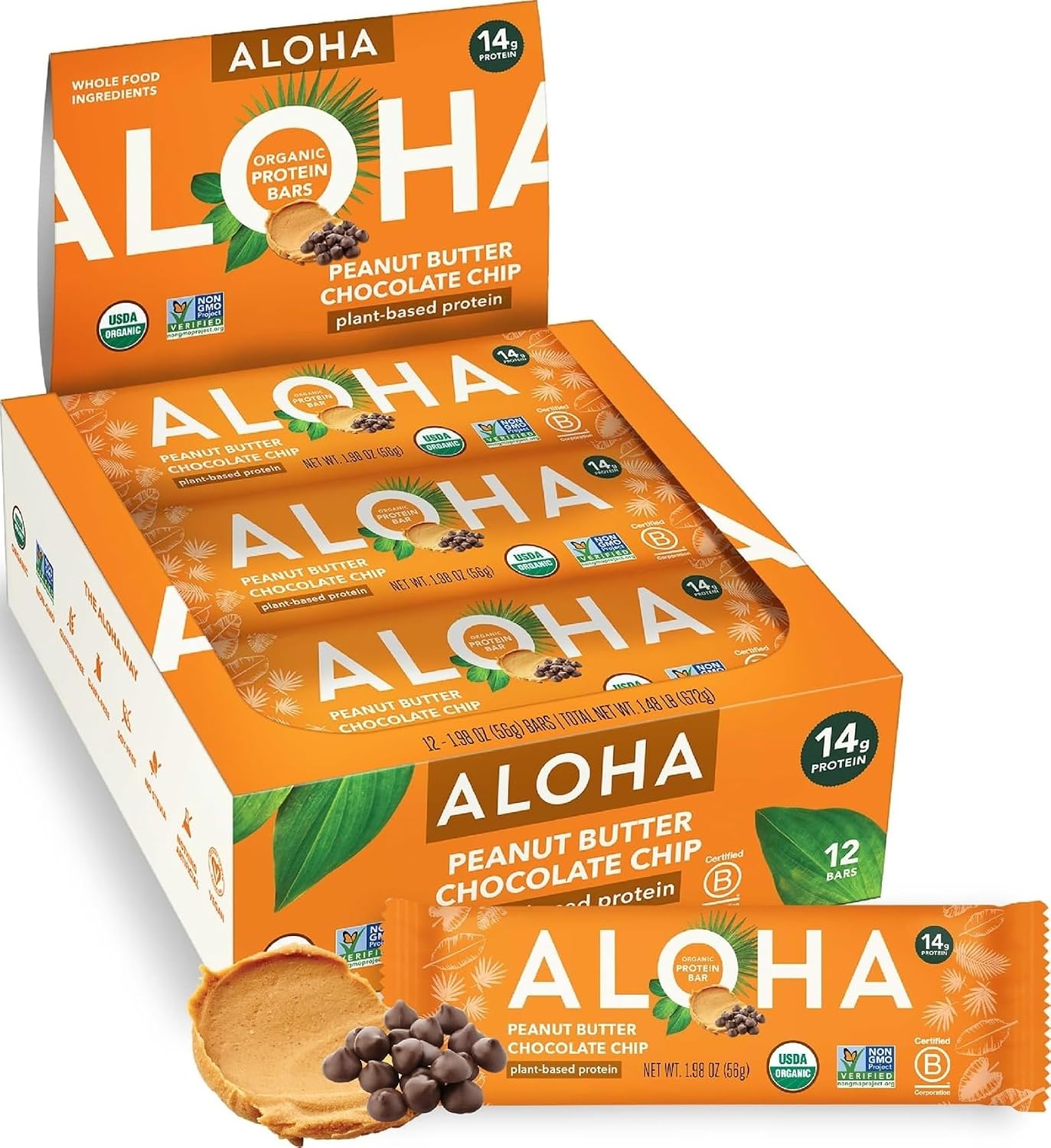 ALOHA Organic Plant Based Protein Bar | Peanut Butter Chocolate Chip, 12 Ct