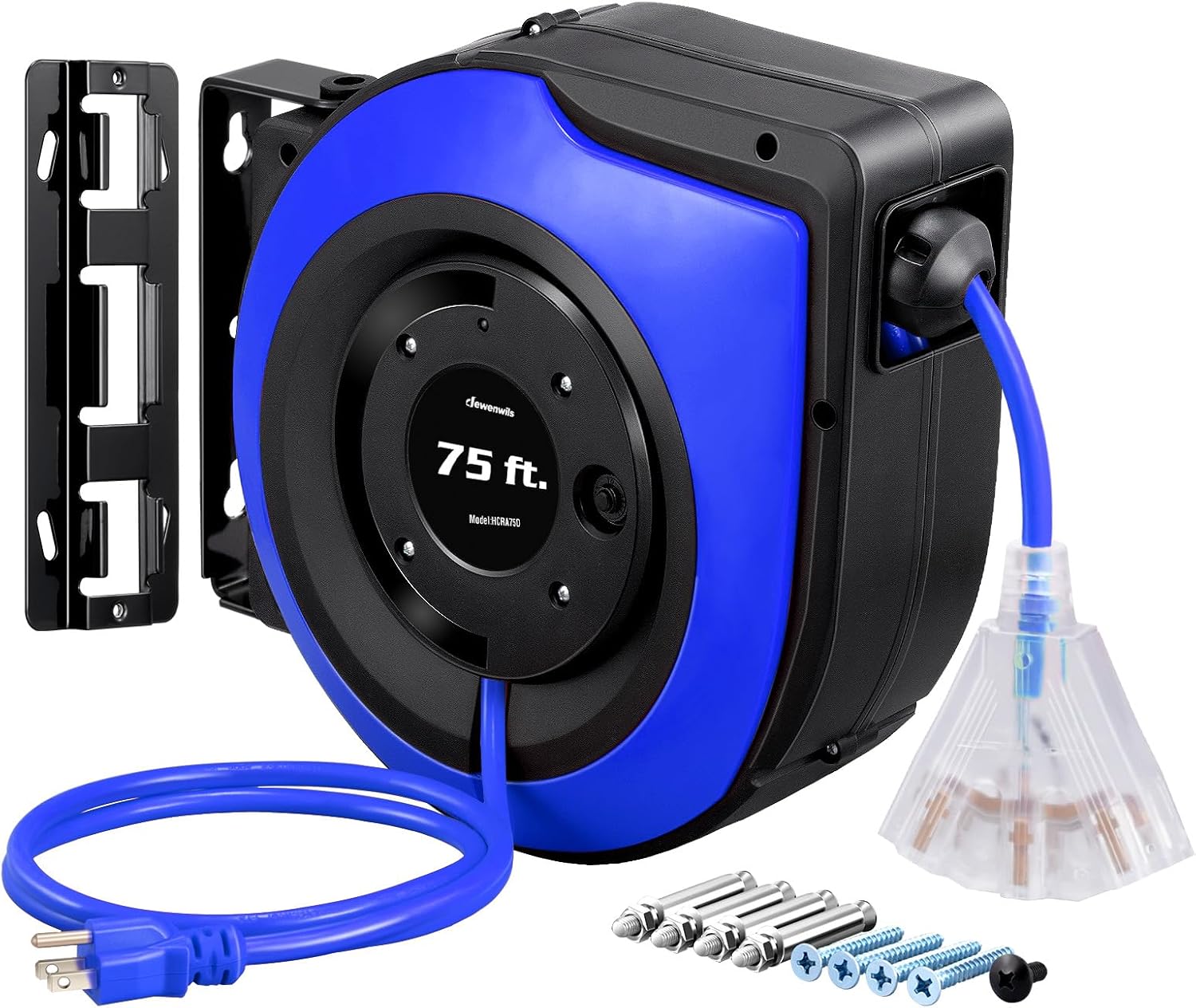 DEWENWILS 75FT Extension Cord Reel, 14/3C SJTOW Cord Reel, UL Listed, Blue | Retractable, Lighted Plug End, 10A Circuit Breaker, Ceiling/Wall Mount, 180° Swivel Bracket for Garage, Workshop