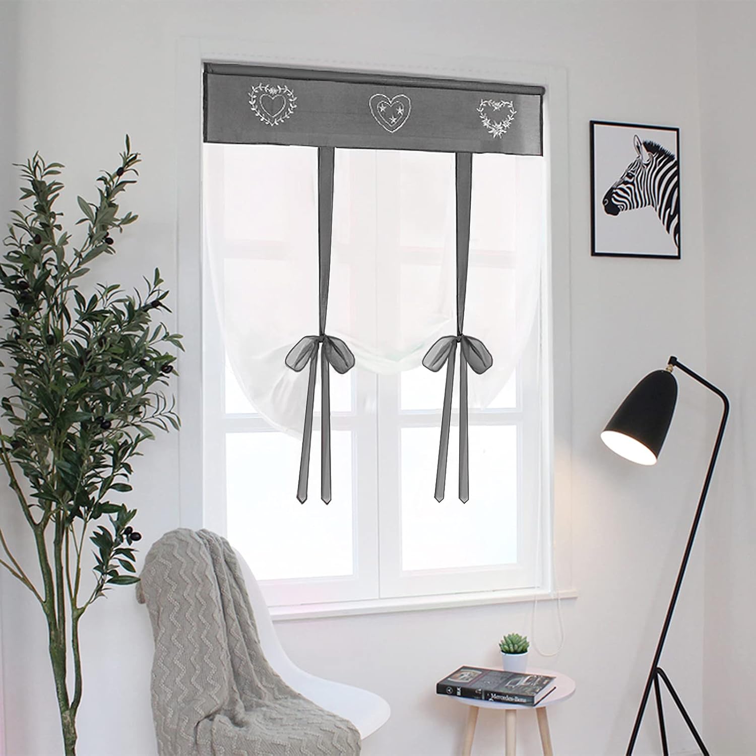 SIMPVALE 1 Piece Tie up Voile Curtain - Embroidery Roman Blind Shade - Sheer Curtains Tulle Panels Window Cover for Bedroom, Study, Bathroom, Kitchen (Grey, Width 80cm / Height 120cm)