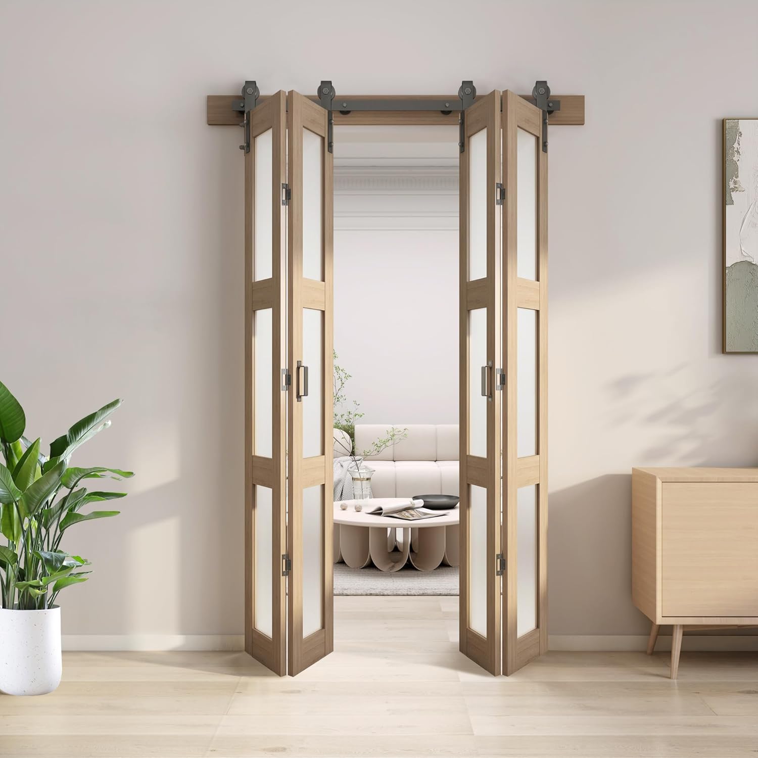 JUBEST Bifold Glass Barn Door, Bi Fold Glass Sliding Barn Door Kit with Hardware Include, 3-Panel Glass Barn Door Slab, Barn Door Hardware for Bedroom, Living Room, Bathroom, Brown (48"x84")