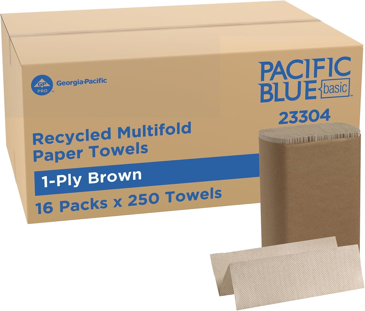 Pacific Blue Basic by Georgia-Pacific PRO Recycled Multifold 1-Ply Paper Towels, Brown, 9.4” x 9.2” (LxW), 250 Towels Per Pack, 16 Packs Per Case, 23304