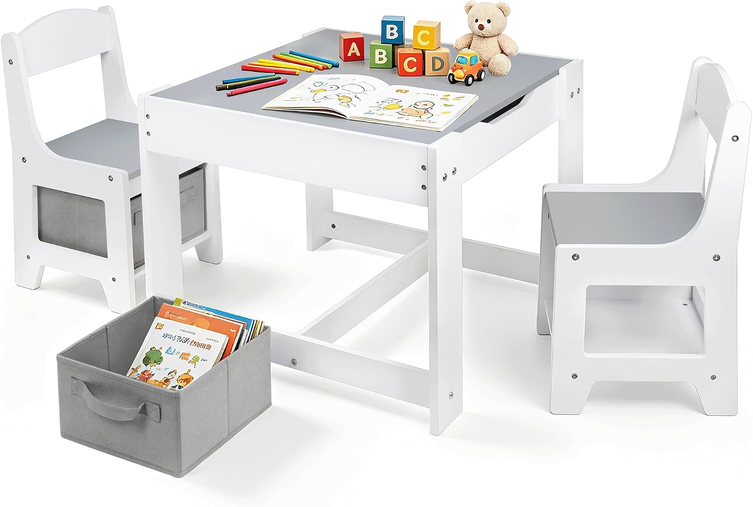 Pterying Wood Toddler Table and Chair Set, Kids Activity Desk, White Gray