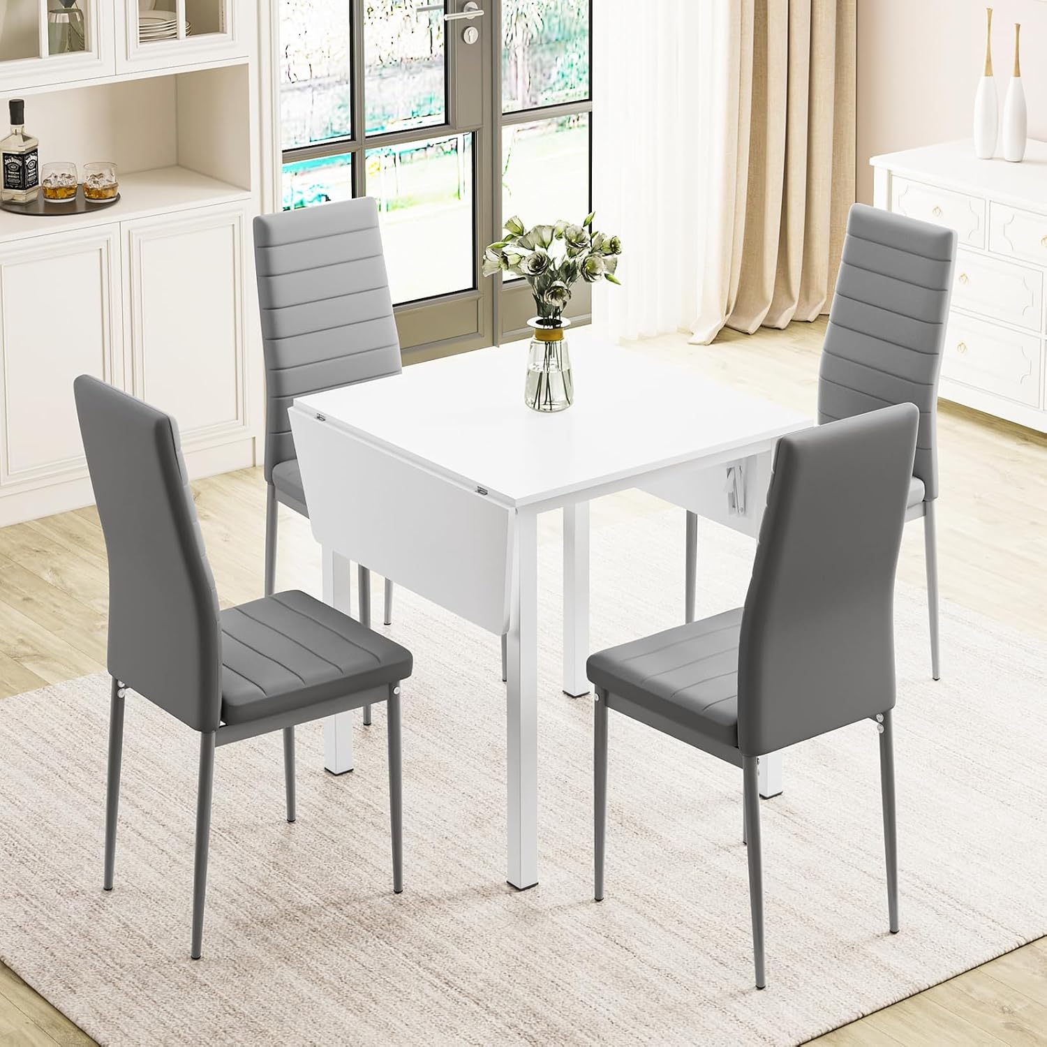 Dining Table and Chairs Set of 4, Drop Leaf Folding Kitchen Table With Grey PU Leather High Back Chairs for Dining Room, Kitchen