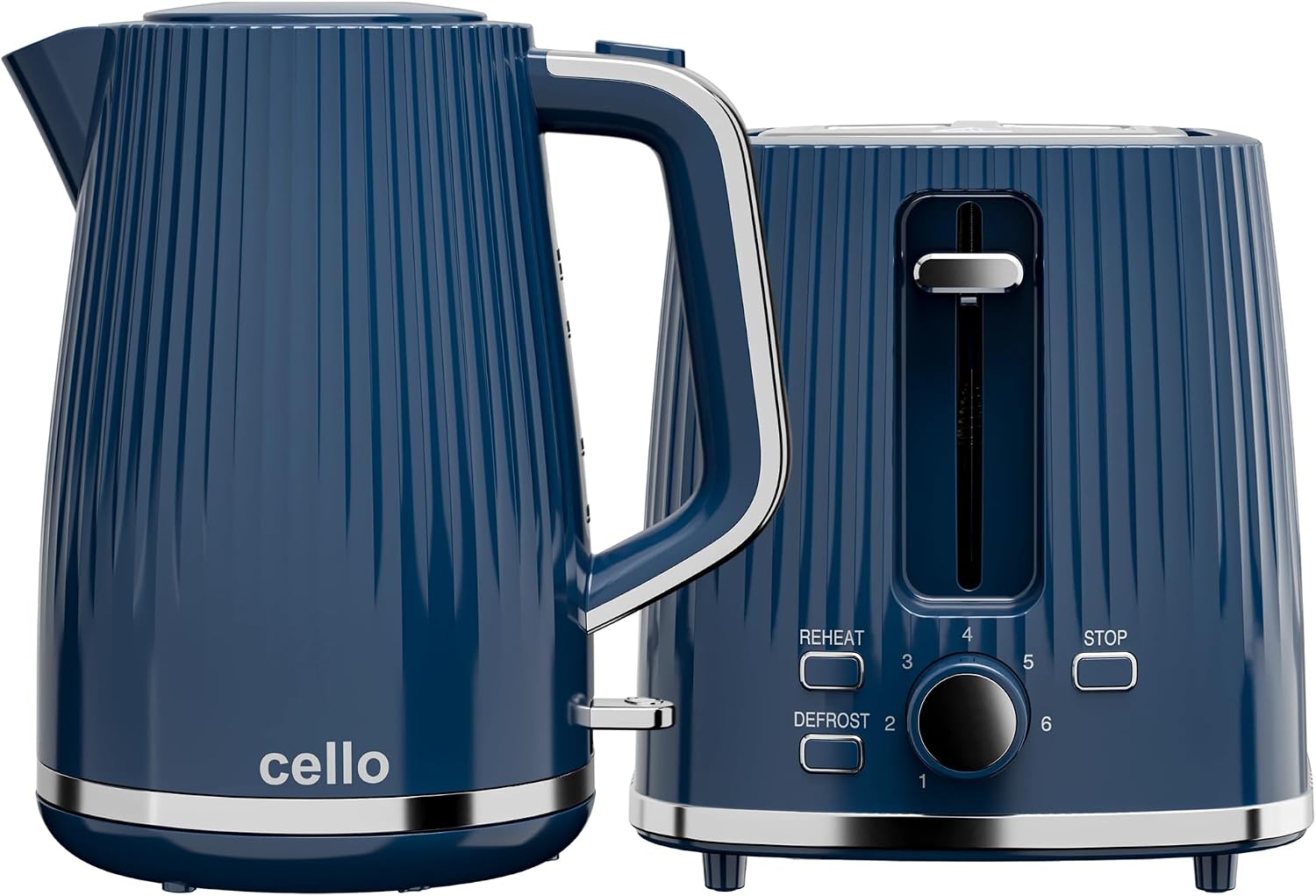 Cello Blue Breakfast Bundle: 1.7L 3000W Rapid Boil Kettle with Auto Shutoff, Cordless & Washable Filter | 850W 2 Slice Toaster with Wide Slots, 7 Browning Levels, High Lift & Illuminated Controls