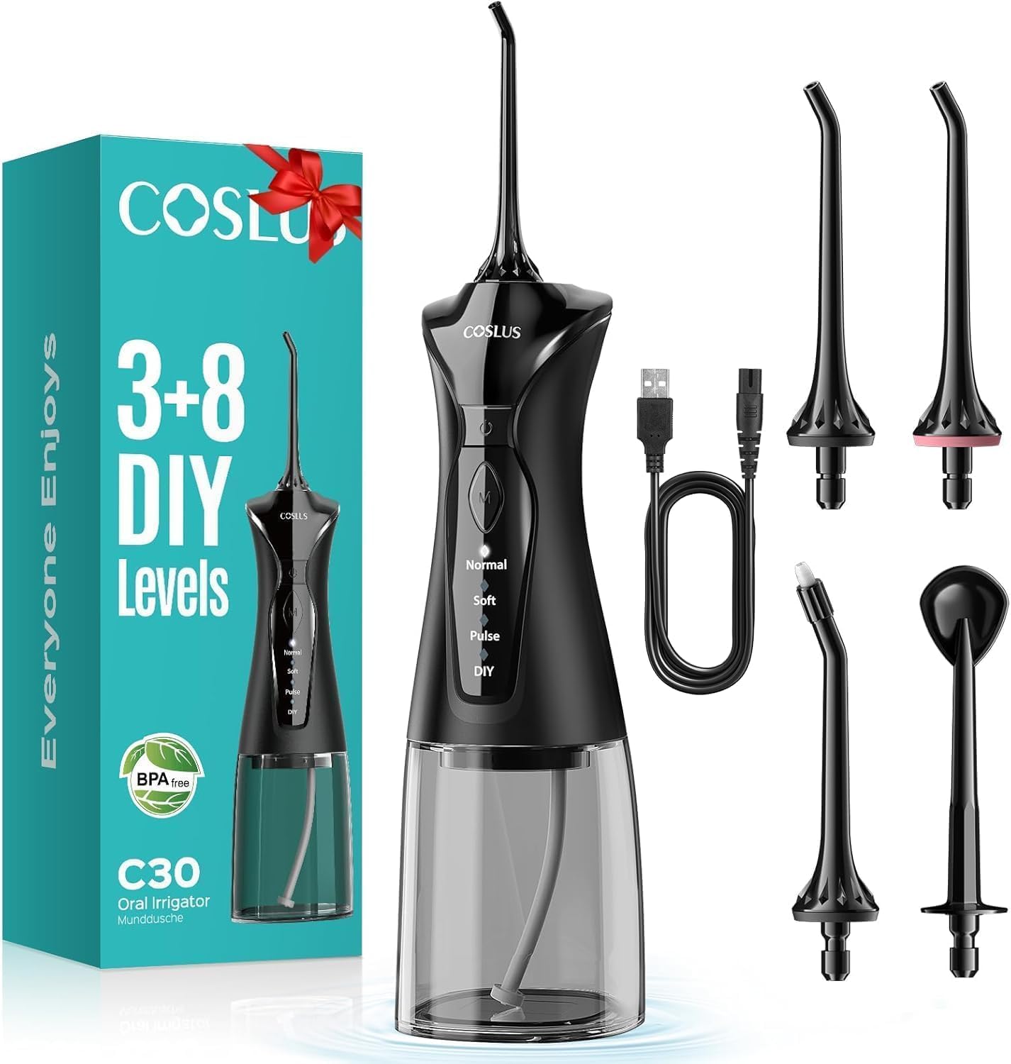 COSLUS Water Teeth Flosser Picks: 4 Modes Cordless Irrigator 300ML Portable Electric Flossing Machinerie for Teeth Cleaning Rechargeable Waterproof Tooth Pick Set Cleaner for Travel Home C30(FC5360) | 300ML Larger Tank, 4 Modes for Family Gentle & Precision Oral Care, Rechargeable Cordless for Home Travel Use,Glossy Black