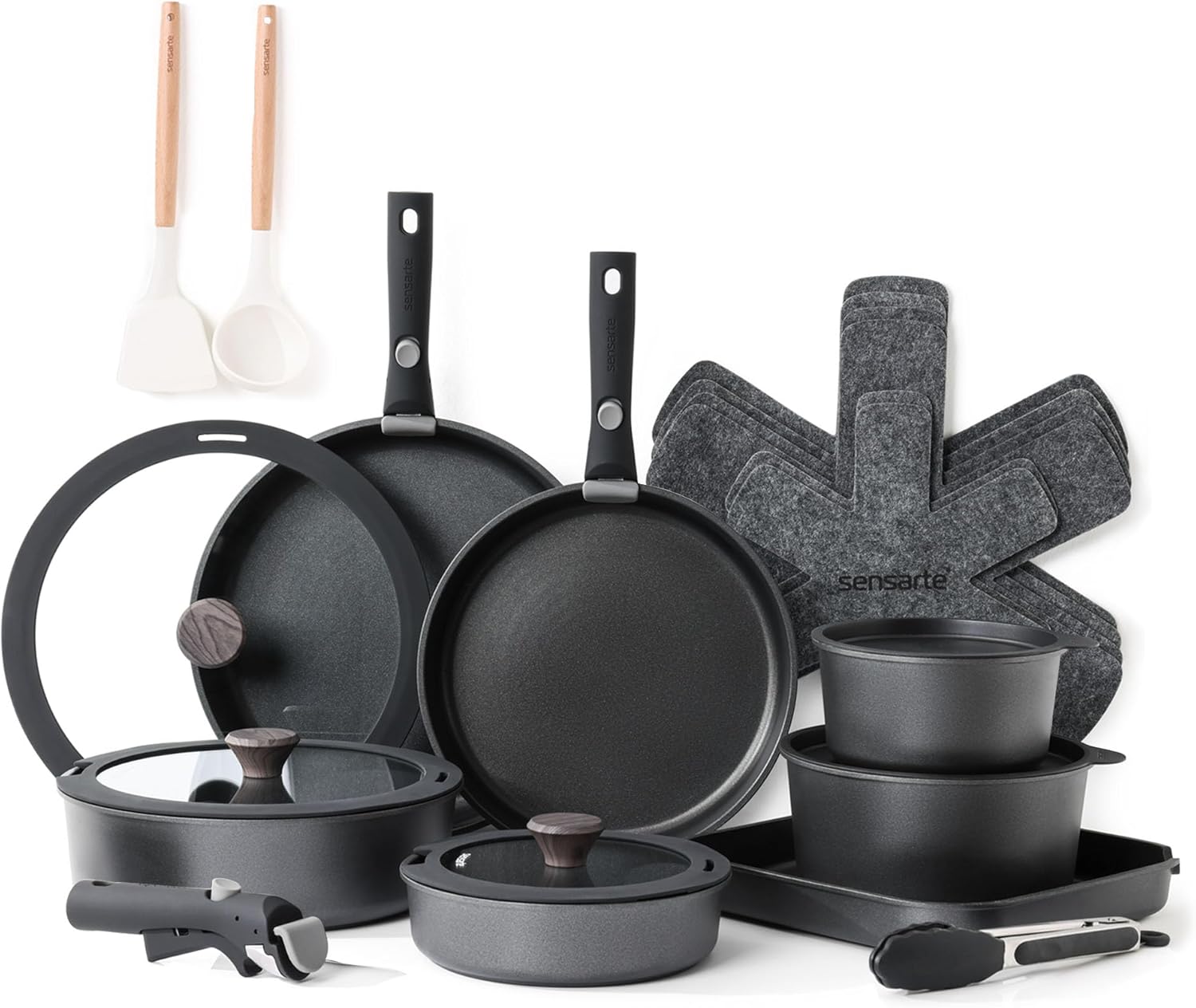 SENSARTE 24 Piece Pots and Pans Set, Nonstick Detachable Handle Cookware, Induction Kitchen Cookware Set with Removable Handle, Healthy Non Stick RV Cookware, Dishwasher＆Oven Safe, PFOA Free (Black)