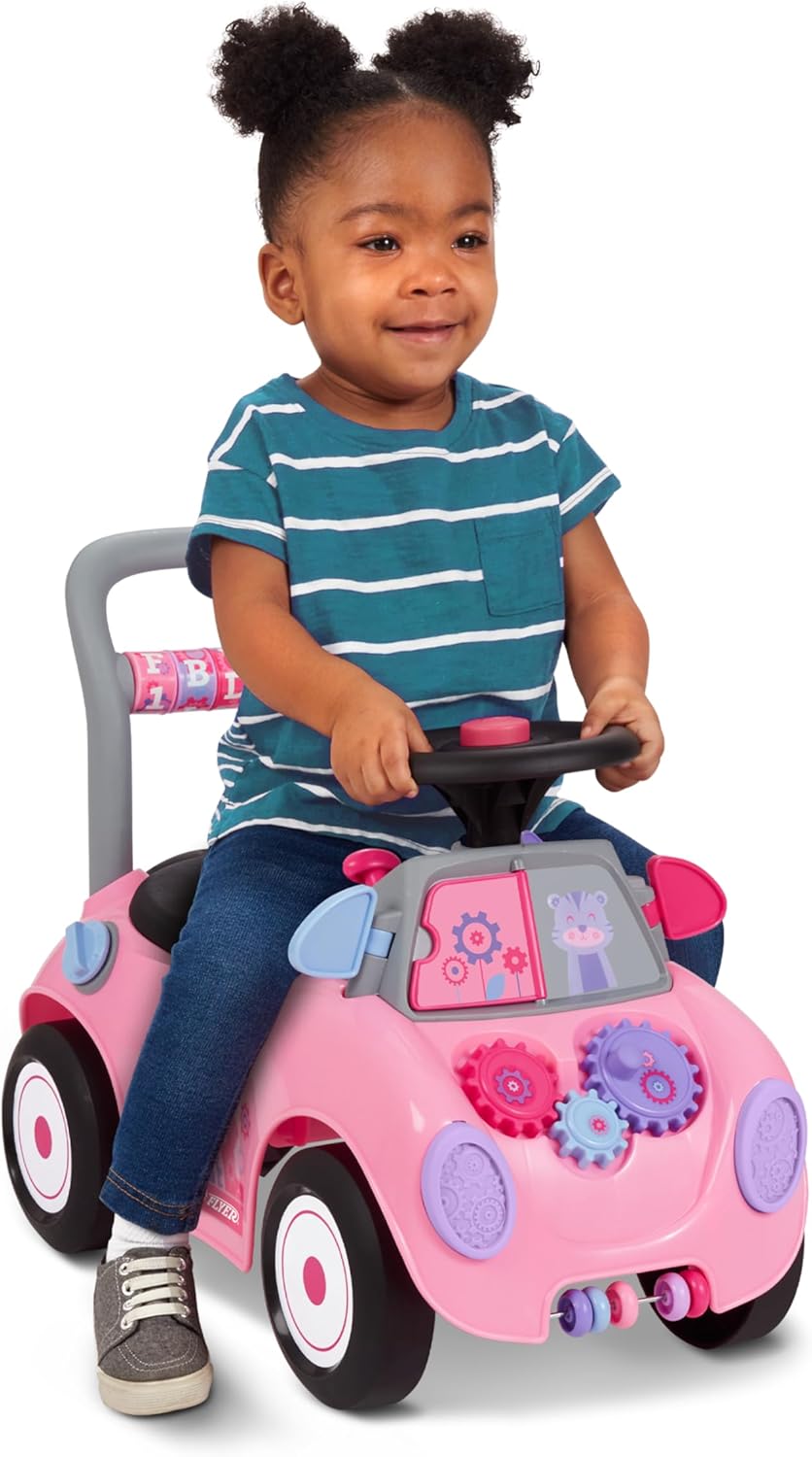 Radio Flyer Busy Buggy Ride On Toy Car with 17 Interactive Activities, Sit-to-Stand for Ages 1-3, Features Built-in Storage, Walk or Ride Options for Toddler Development and Play