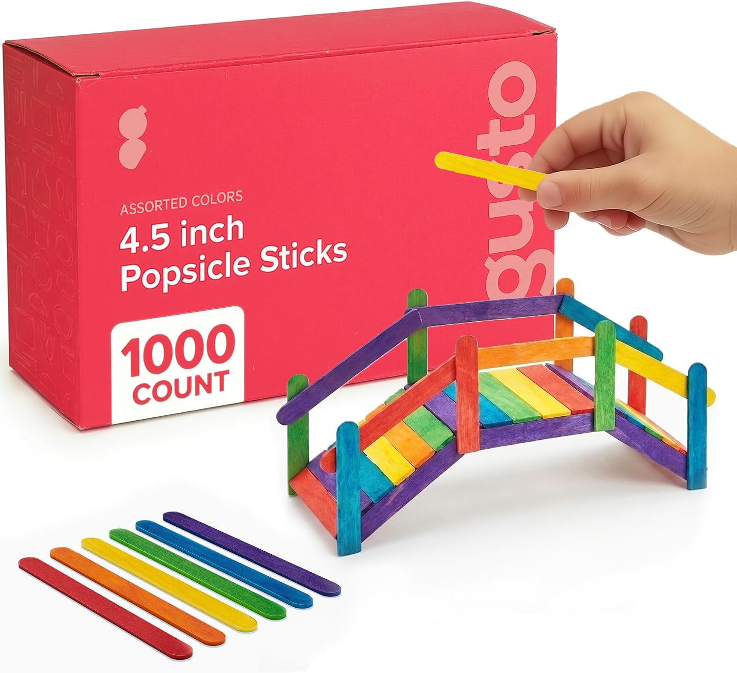 Gusto Popsicle Sticks for Crafts – 1000 Count, 4.5 Inch Coloured Lolly Sticks in 6 Rainbow Colours, Wooden Lollipop Sticks for Kids, School Projects & Art Activities