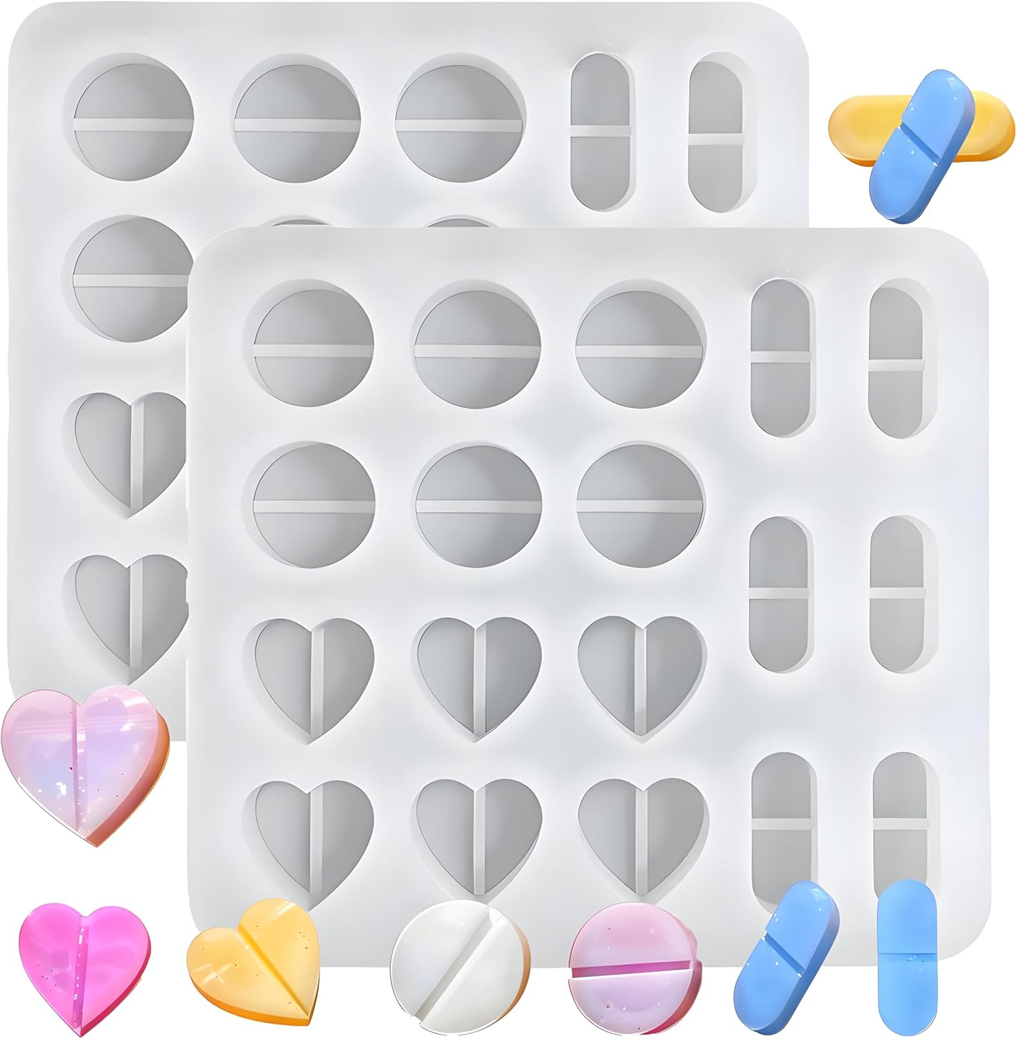 Pill Molds for Making Pills, 2PCS Miniature Round Heart Shaped Tablets Capsule Pill Silicone Mold, MINI Pill Molds for Chocolate Candy Fondant Baking, Cake Decoration, Epoxy Resin Casting