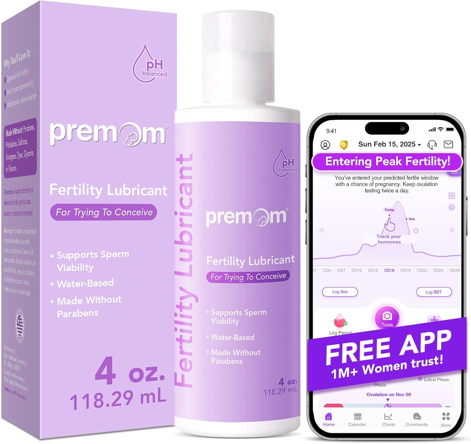Premom Personal Fertility Lubricant for Conception: Glycerin Free - Paraben Free - pH Balanced - 4 Fl Oz Sperm Friendly Water Based Non-Sticky Lube - for Women & Couples Trying to Conceive