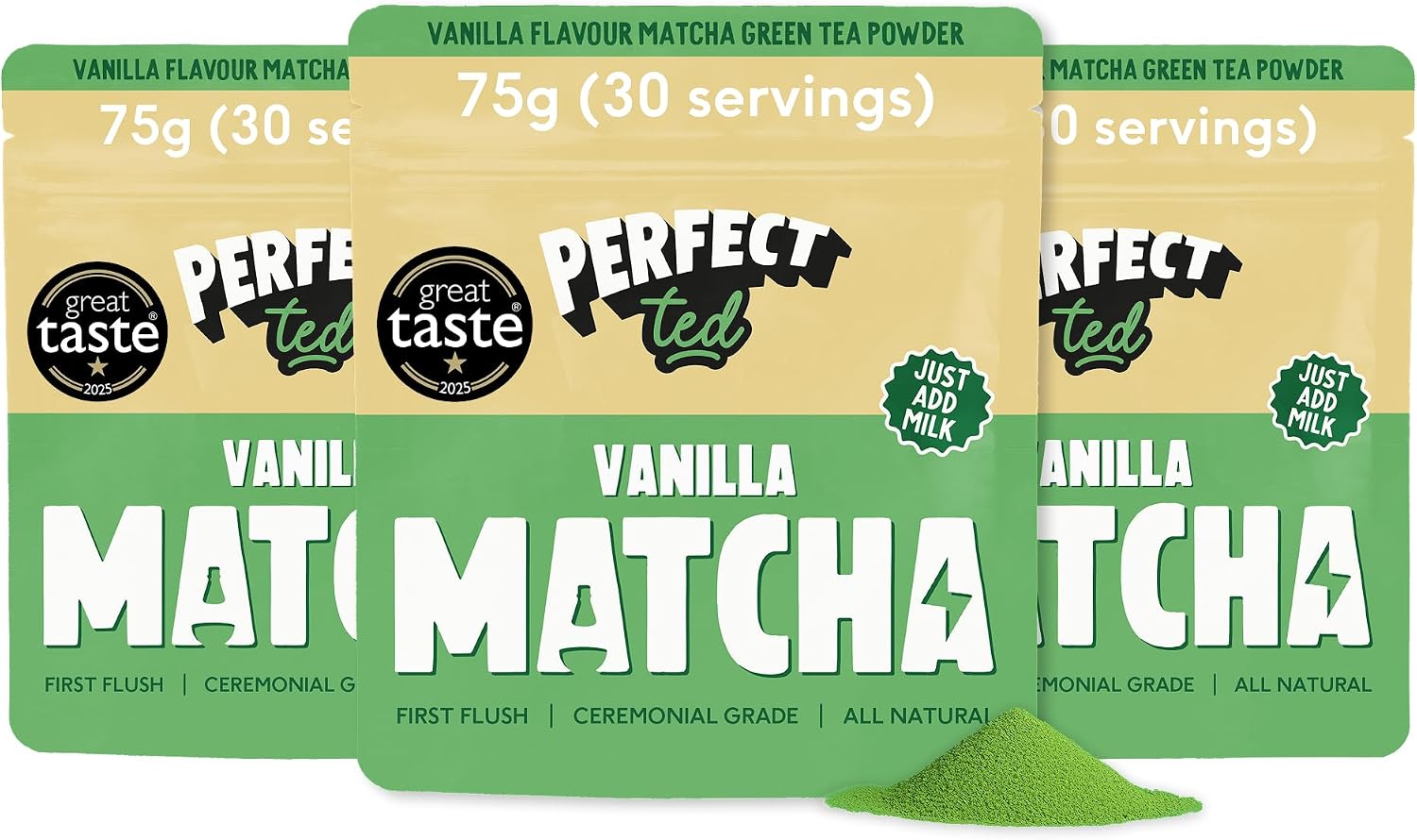 PerfectTed Vanilla Matcha Powder 3 x 75g | Ceremonial Grade Matcha Multipack | Vanilla Matcha Latte Powder | L-Theanine | Natural Flavours | Matcha Fuel | Vegan | Gluten-Free