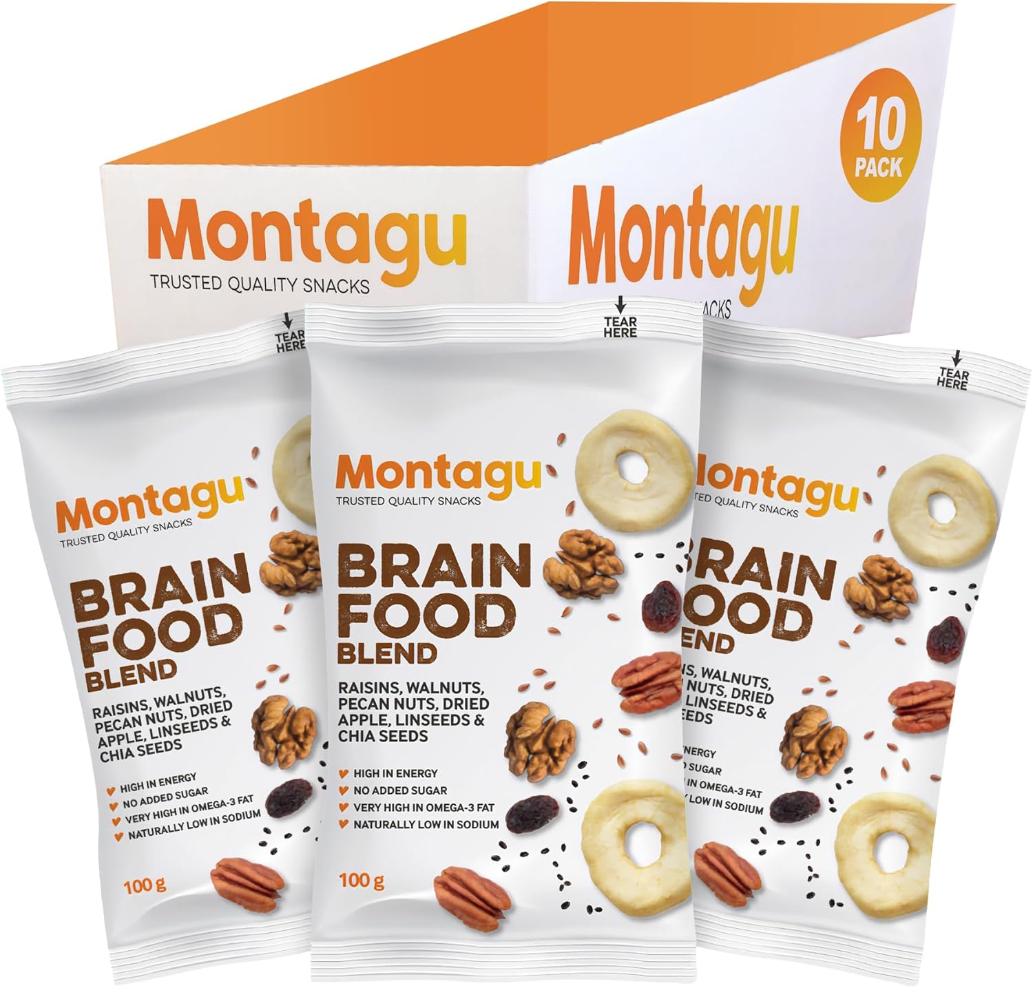 Montagu 10x Brain Food Trail Mix with Raisins, Walnuts, Pecans, Apple, Flax and Chia Seeds, High in Omega-3 and Fiber, Cholesterol-Free, Low Sodium, 100g Per Pack