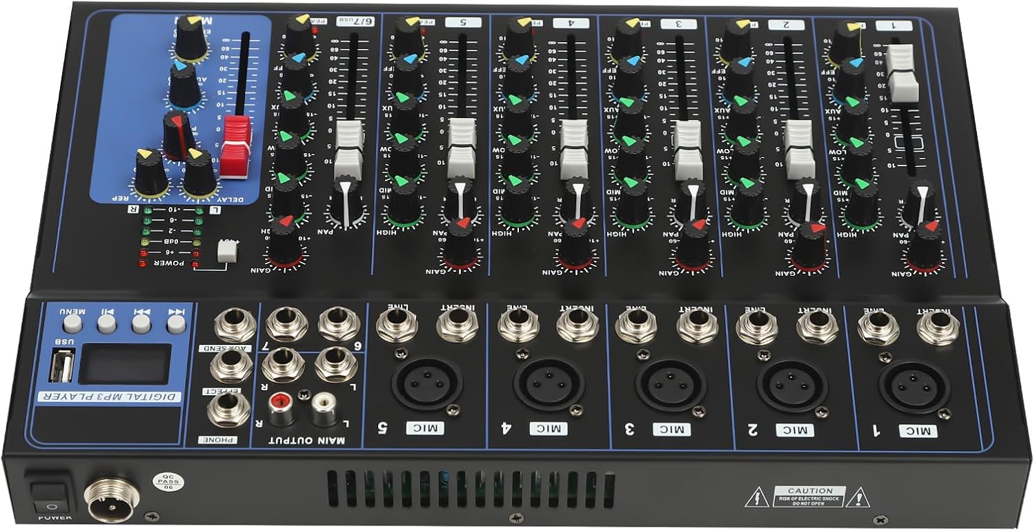 Professional Bluetooth Audio Mixer 7-Channel DJ Mixer Sound Board with USB Sound Mixing Console 3 Band Equalizer and 48V Phantom Power for DJ Recording Studio Home Karaoke.