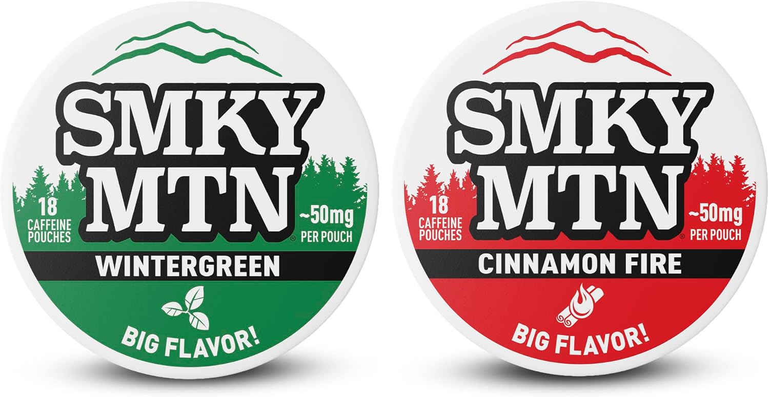 SMOKEY MOUNTAIN Caffeinated Pouches, 2 Cans, Wintergreen & Cinnamon Fire