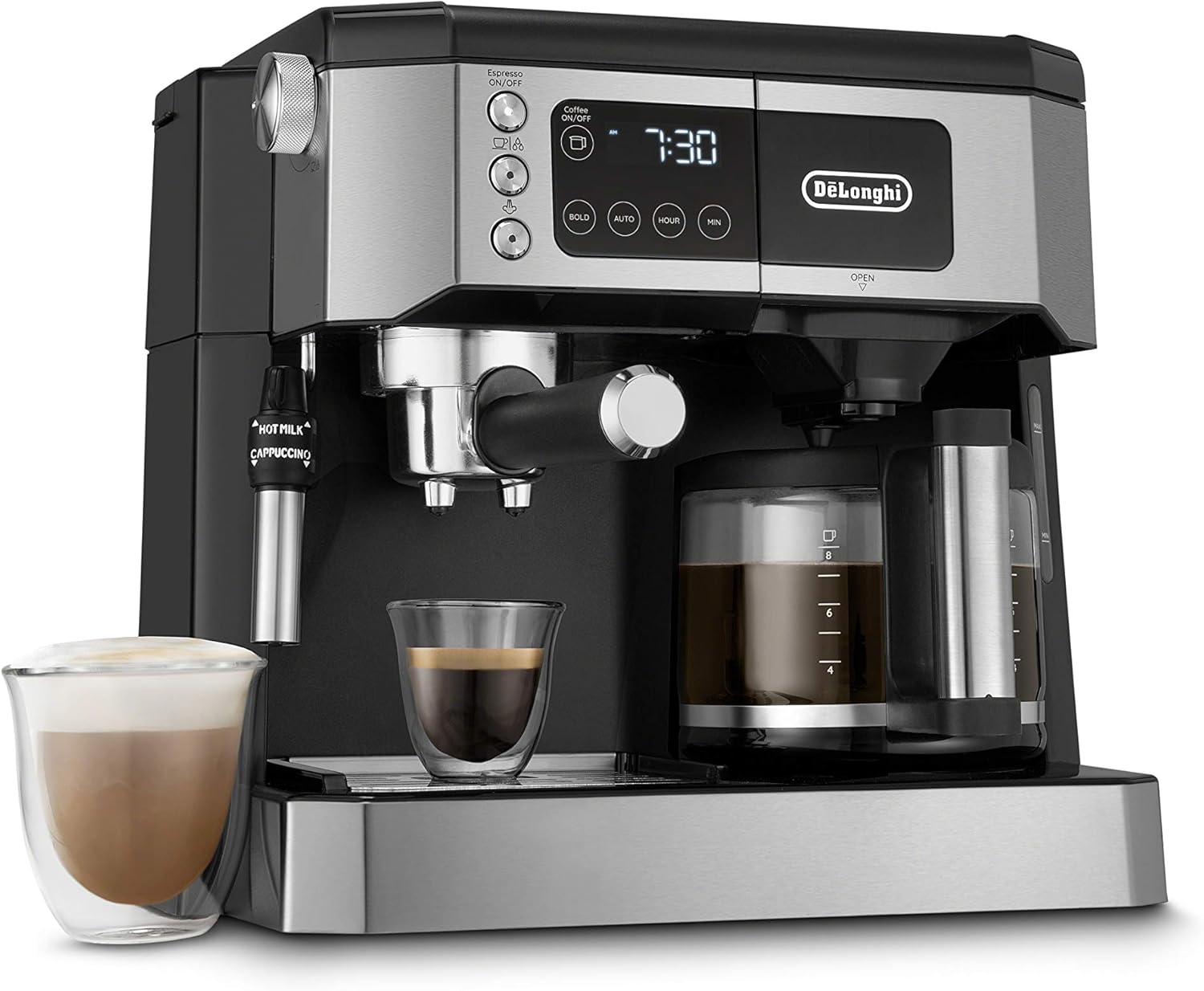 De'Longhi All-in-One Combination Coffee Maker & Espresso Machine + Advanced Adjustable Milk Frother for Cappuccino & Latte + Glass Coffee Pot 10-Cup, Black, COM532M