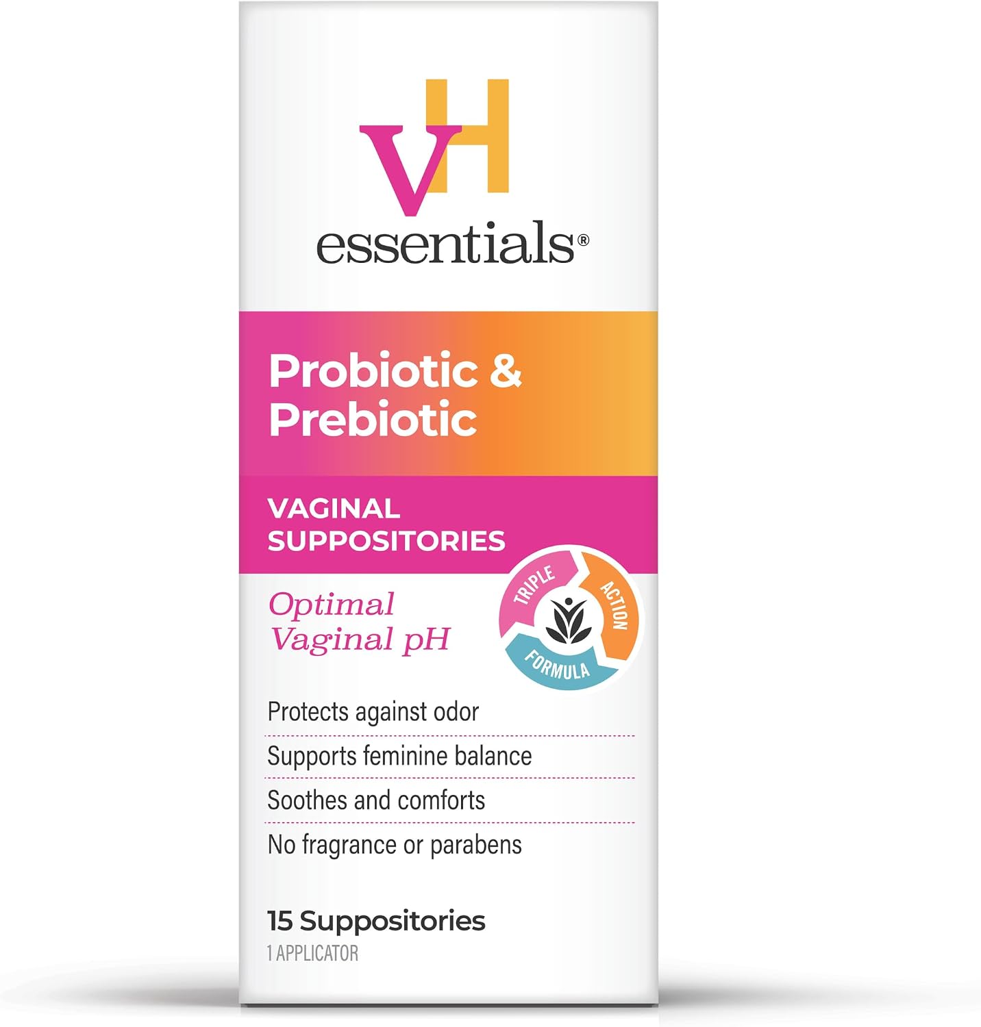 vH essentials Prebiotic pH Balanced Vaginal Suppositories, 15 Count